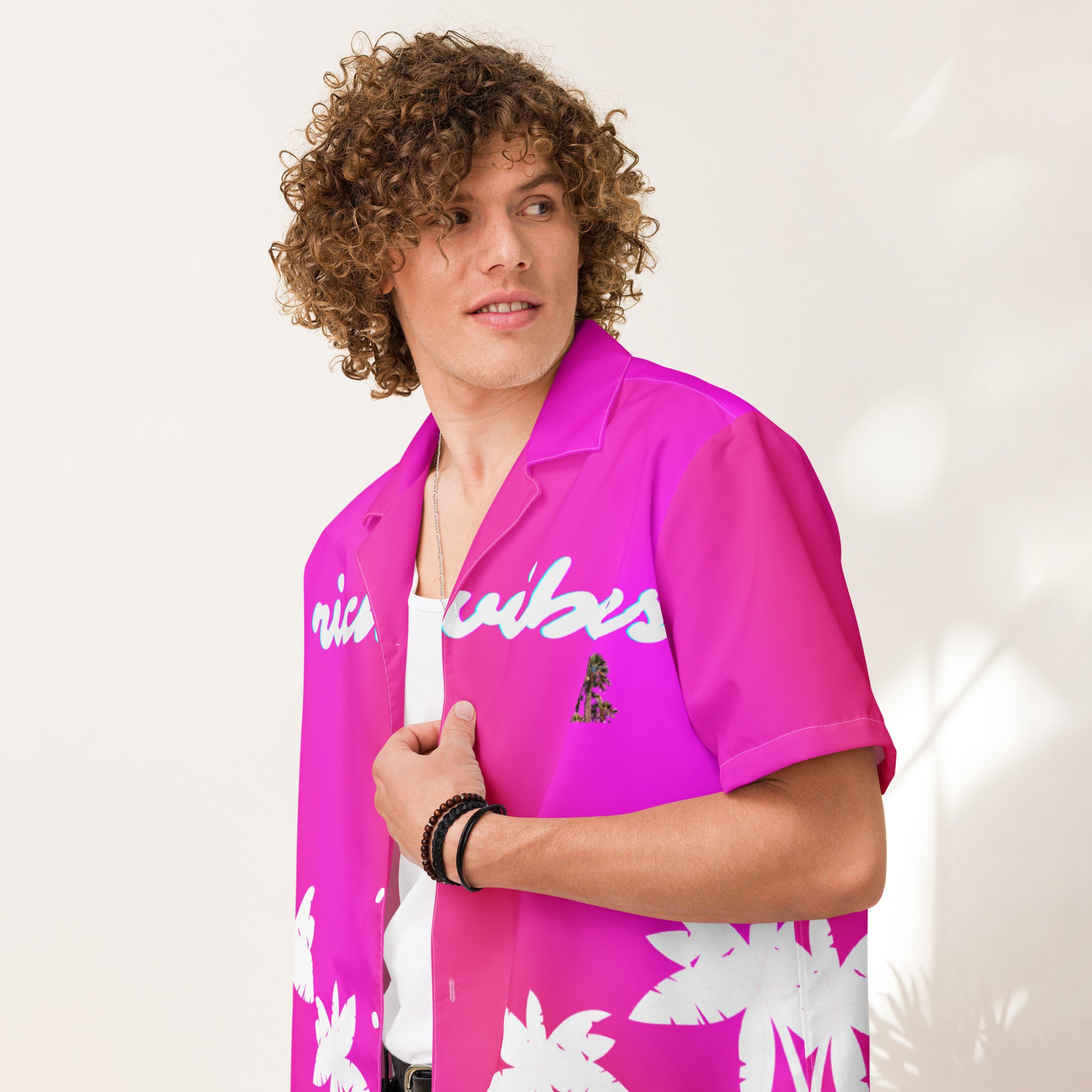 Rich Vibes Tropical Pink White Palms Jungle Tiger - Unisex button shirt