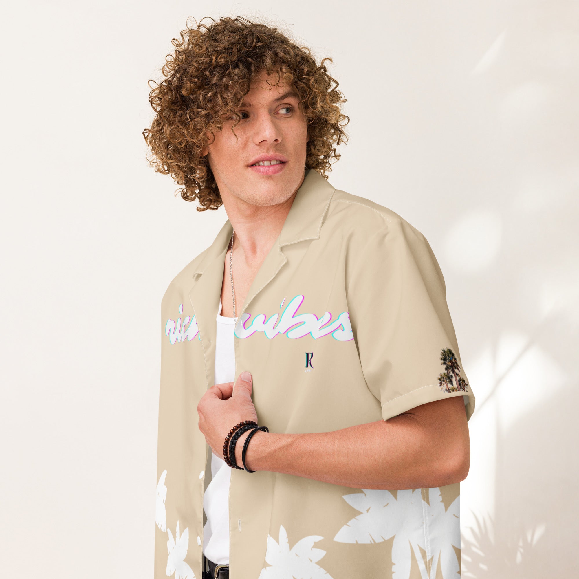 Rich Vibes Tropical Khaki&White Palms Jungle Tiger - Unisex button shirt w/ white button