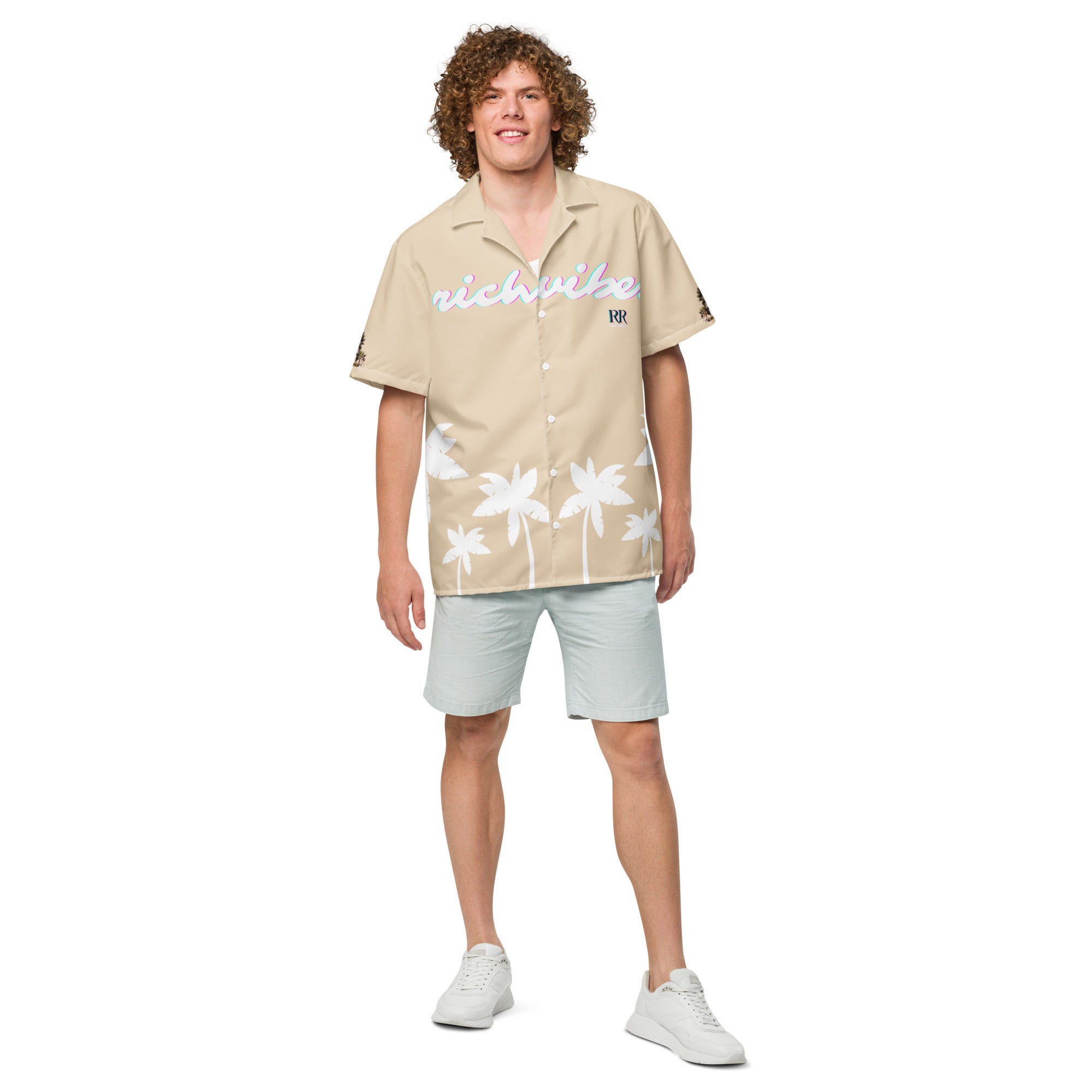 Rich Vibes Tropical Khaki&White Palms Jungle Tiger - Unisex button shirt w/ white button