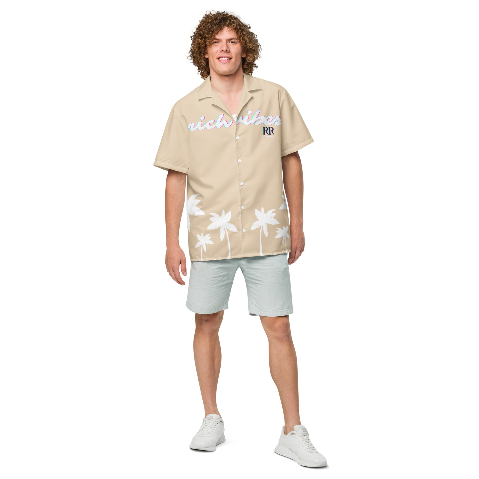 Rich Vibes No Fake Smiles Given Platform - Unisex button shirt Khaki w/White button