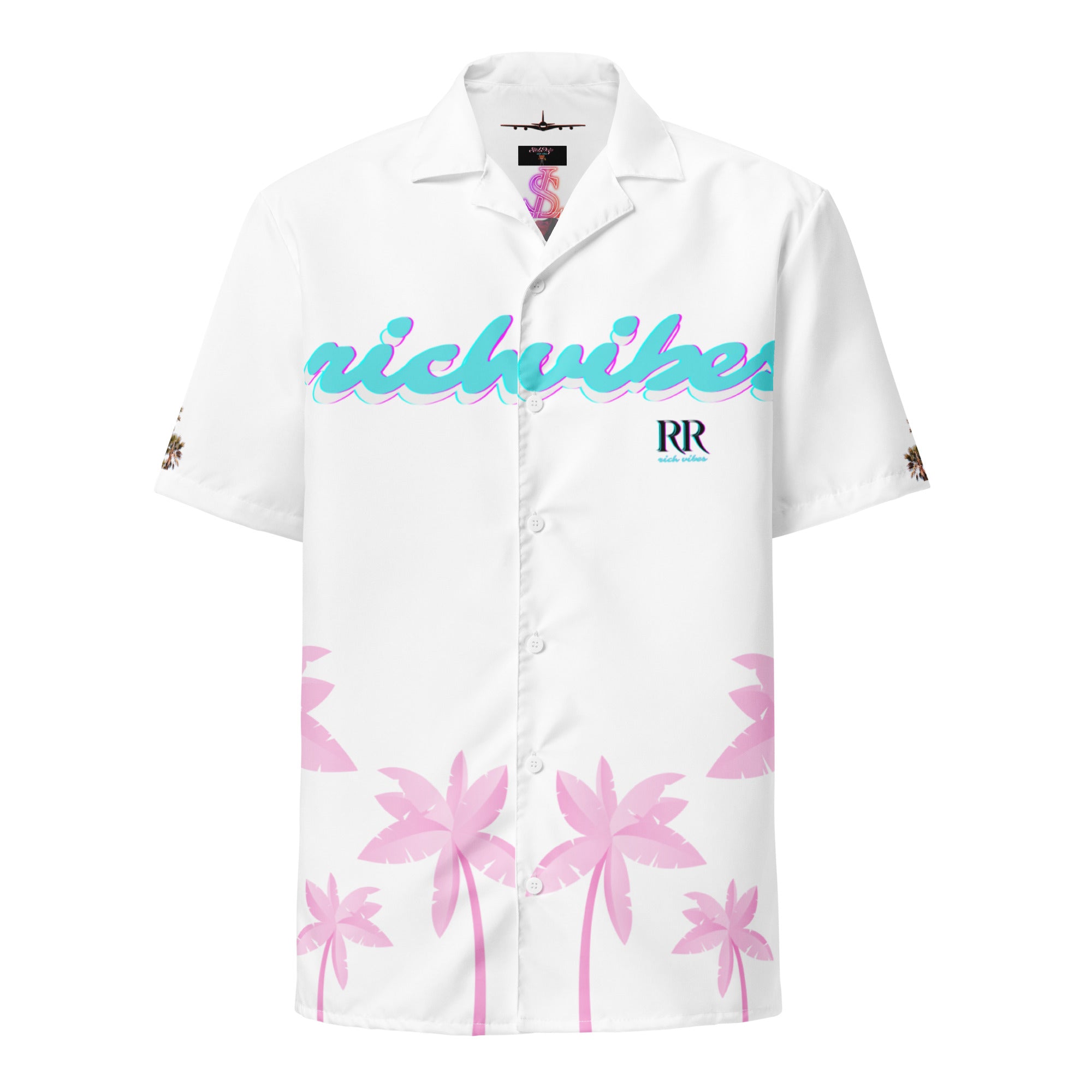 Rich Vibes Tropical White on White Palms Jungle Tiger - Unisex button shirt w/ white button