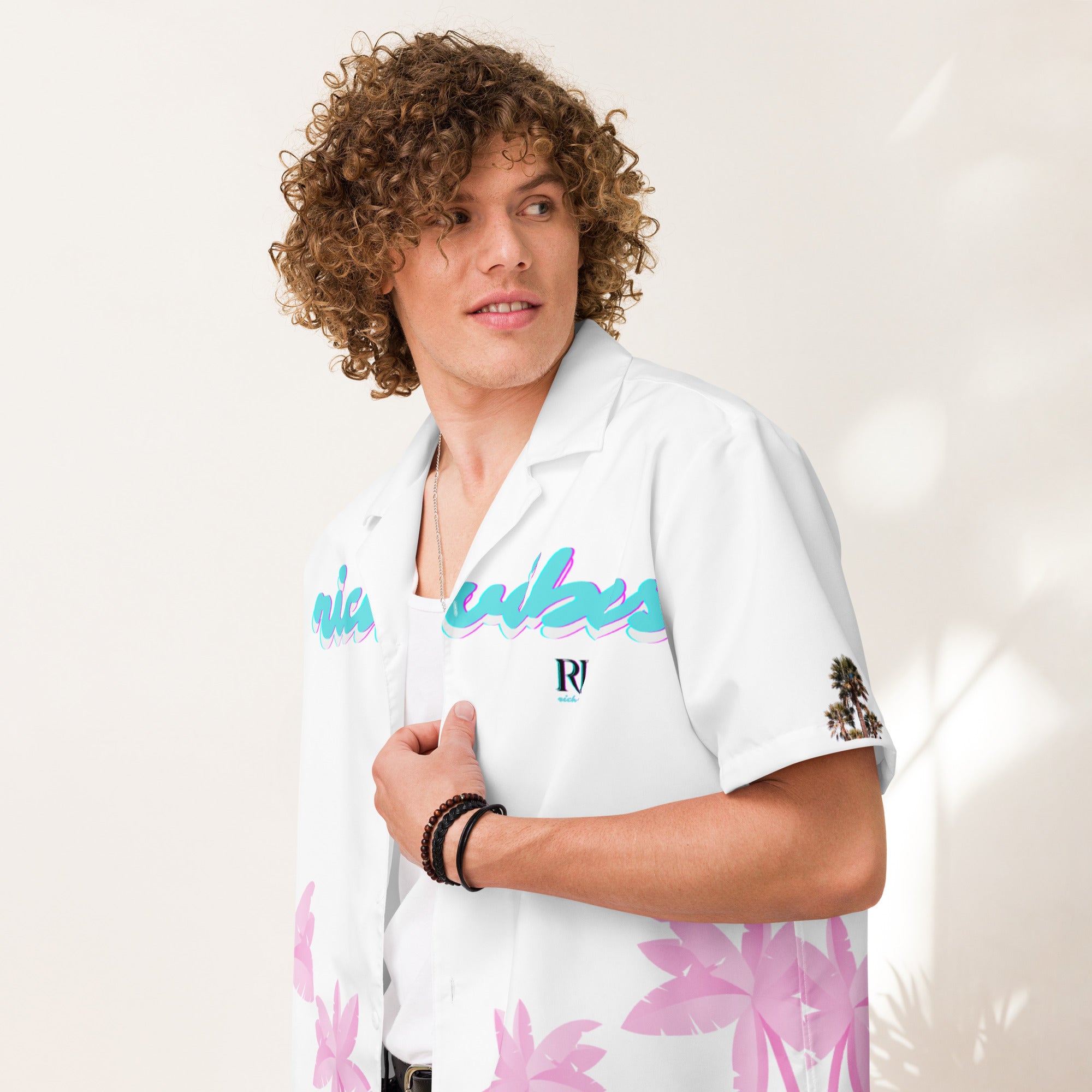 Rich Vibes Tropical White on White Palms Jungle Tiger - Unisex button shirt w/ white button