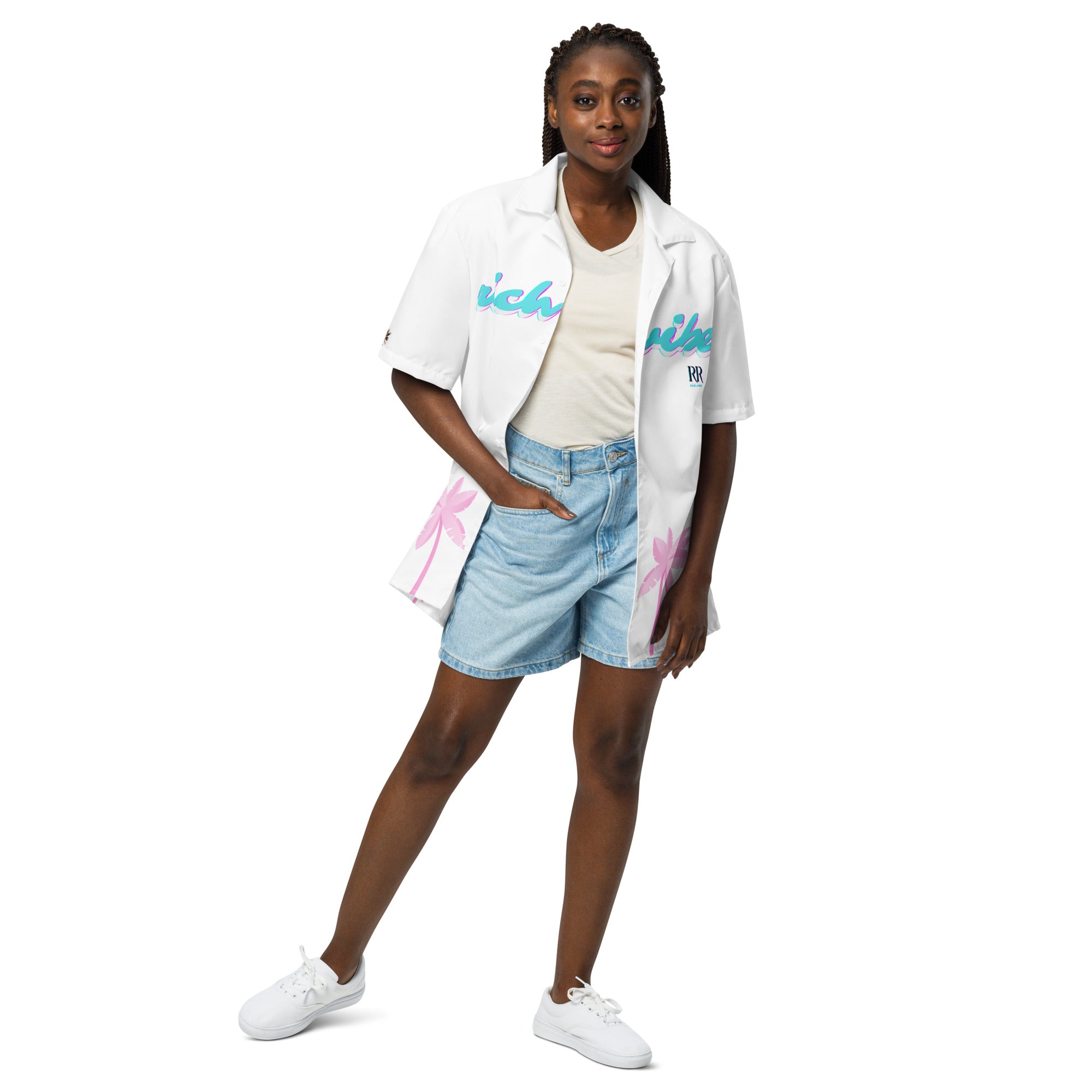 Rich Vibes Tropical White on White Palms Jungle Tiger - Unisex button shirt w/ white button