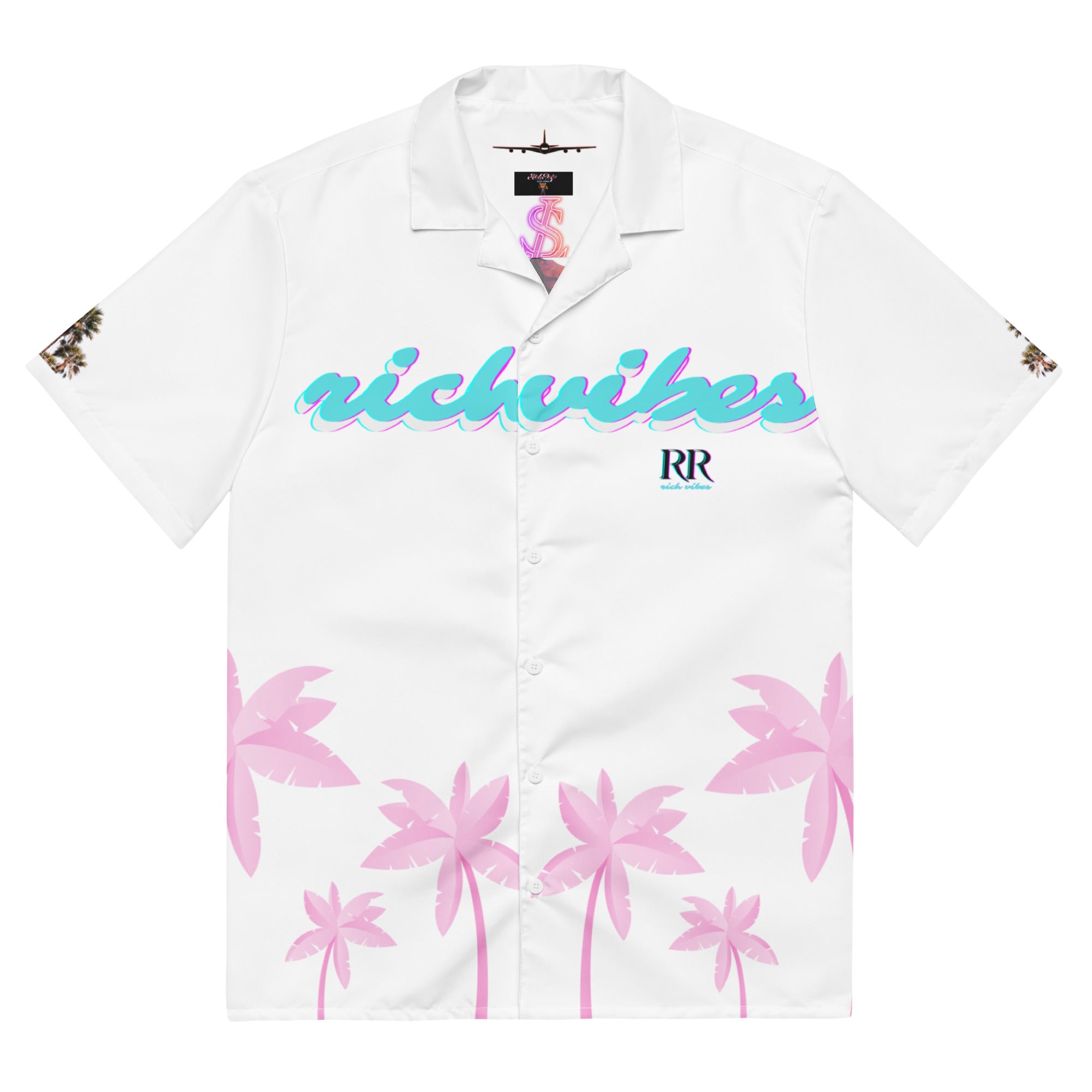 Rich Vibes Tropical White on White Palms Jungle Tiger - Unisex button shirt w/ white button