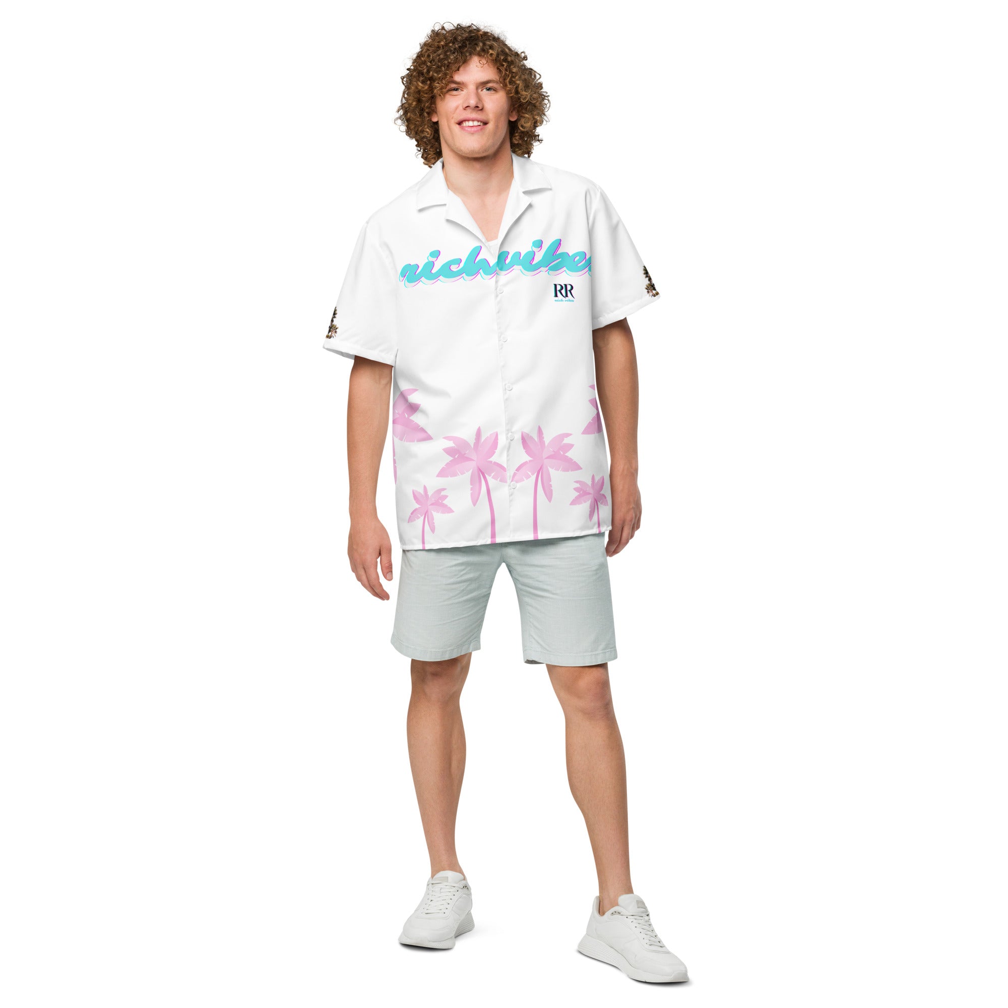 Rich Vibes Tropical White on White Palms Jungle Tiger - Unisex button shirt w/ white button