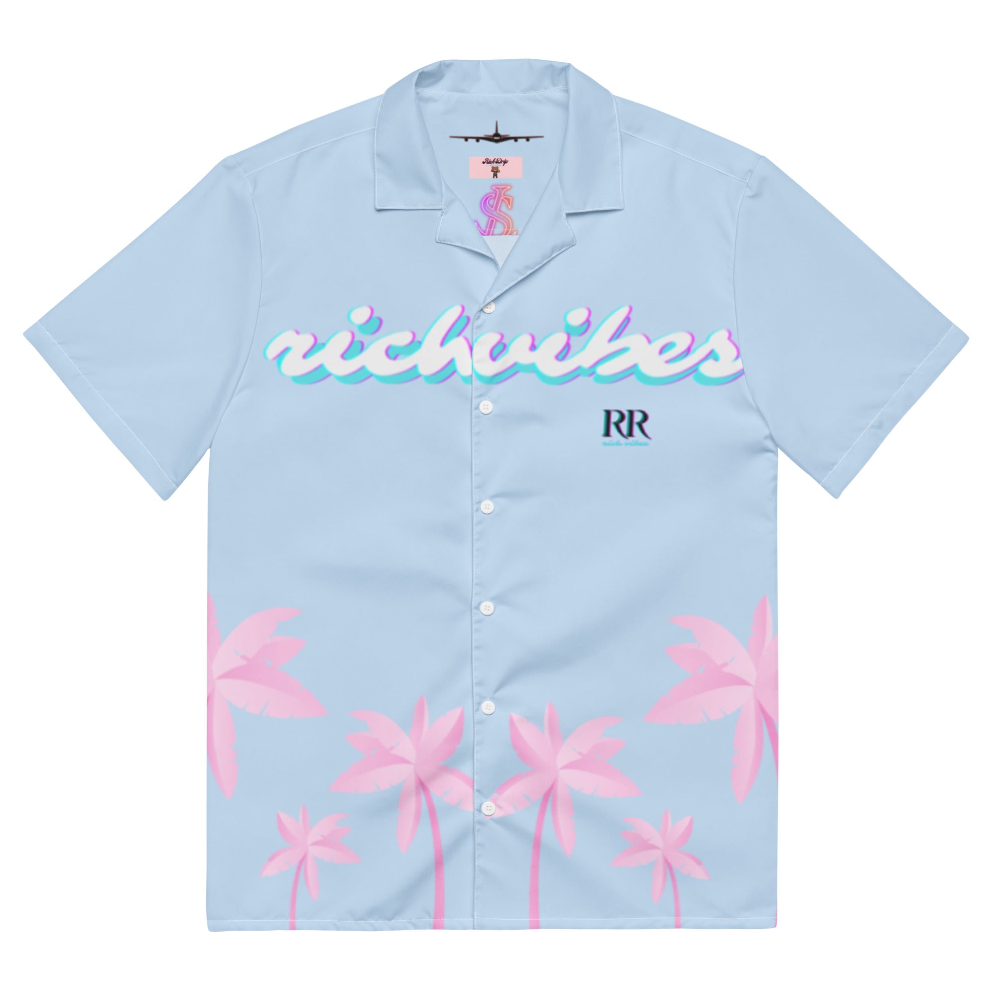 Rich Vibes Tropical Baby Blue Palms Jungle Panda - Unisex button shirt w/ white button