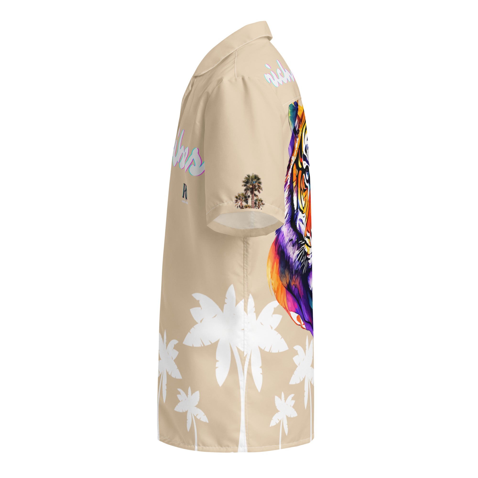 Rich Vibes Tropical Khaki&White Palms Jungle Tiger - Unisex button shirt w/ white button