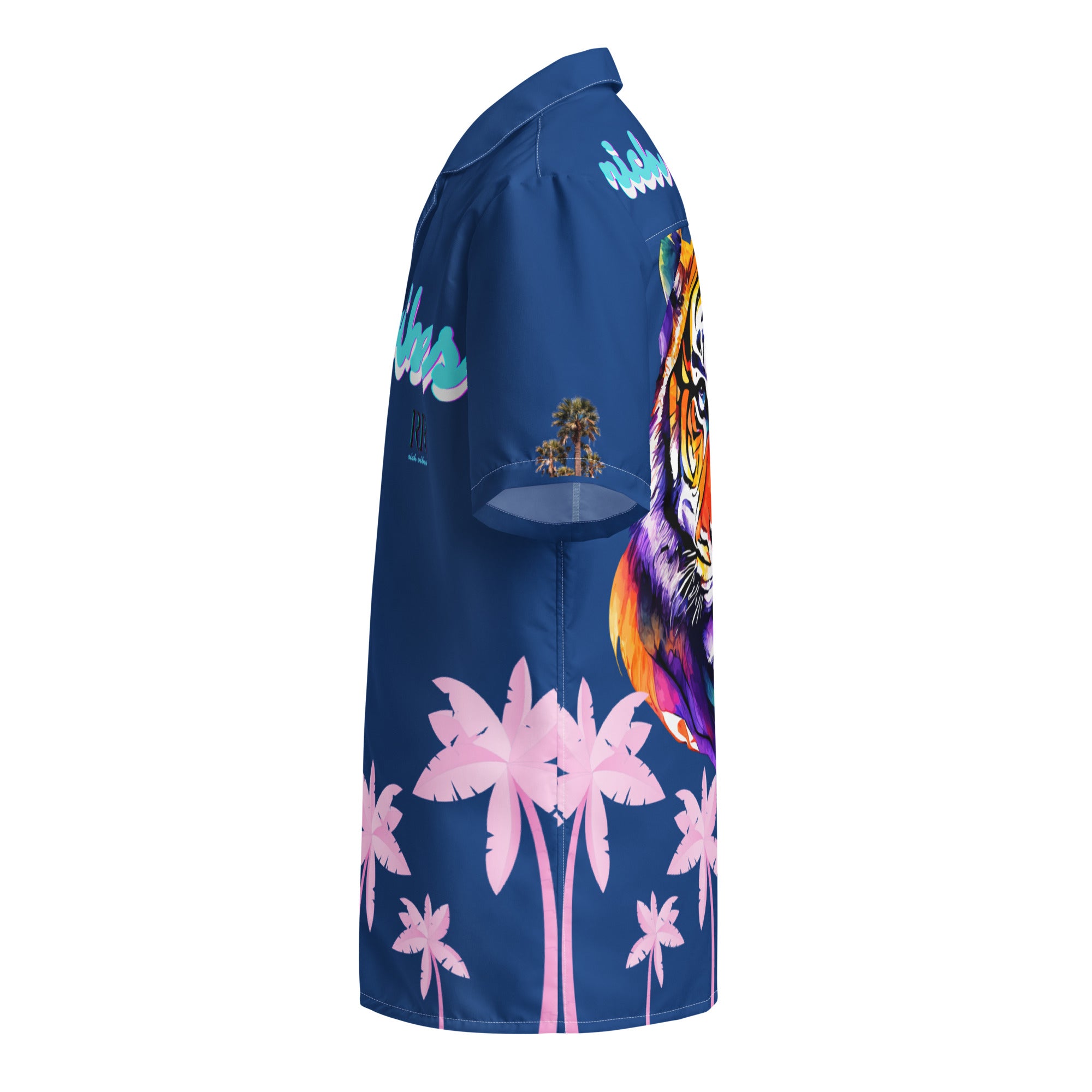Rich Vibes Tropical Royal Blue Palms Jungle Tiger - Unisex button shirt w/ white button