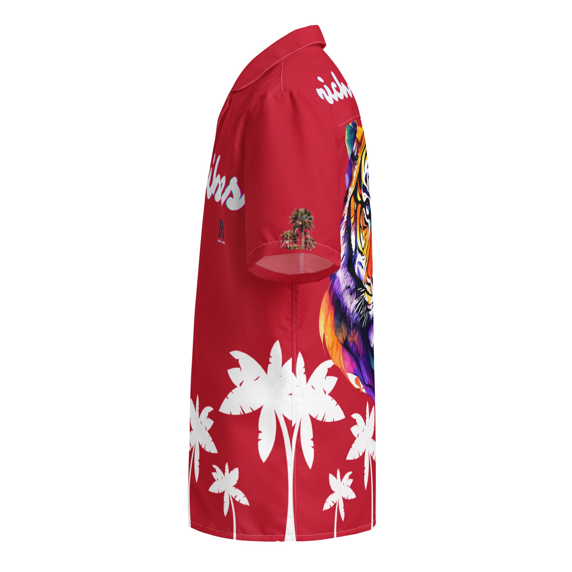 Rich Vibes Tropical Royal Red&White Palms Jungle Tiger - Unisex button shirt w/ white button
