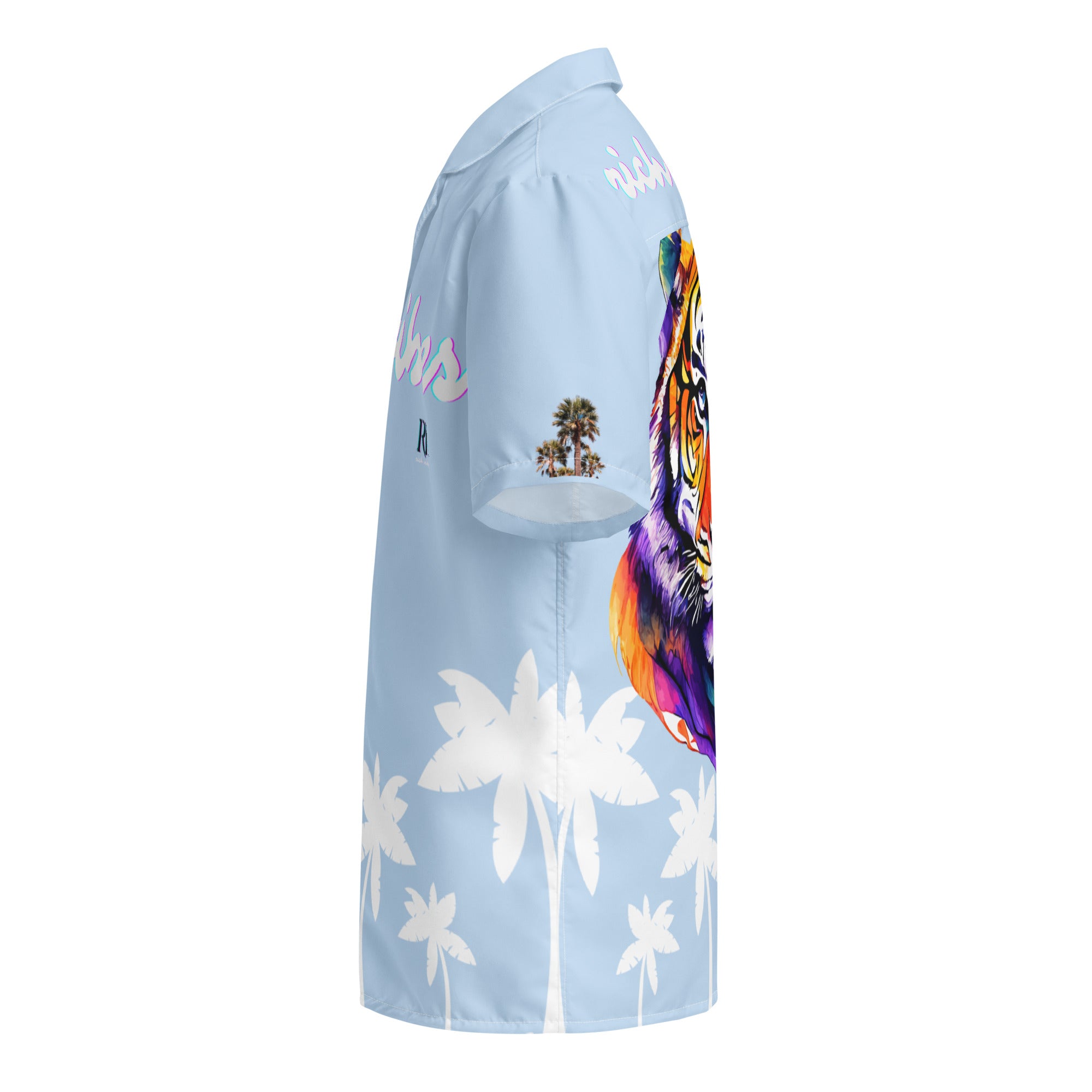 Rich Vibes Tropical Sky Blue&White Palms Jungle Tiger - Unisex button shirt w/ white button