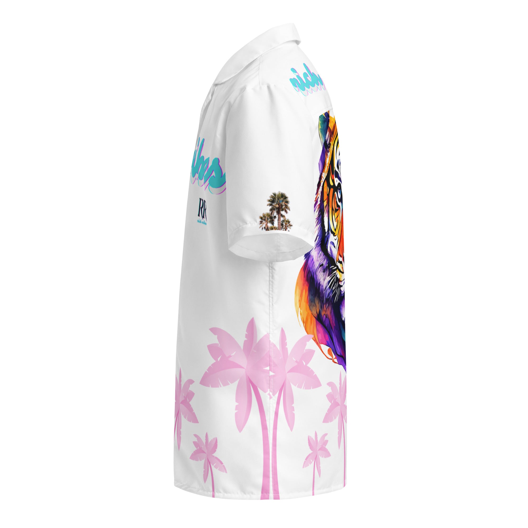 Rich Vibes Tropical White on White Palms Jungle Tiger - Unisex button shirt w/ white button