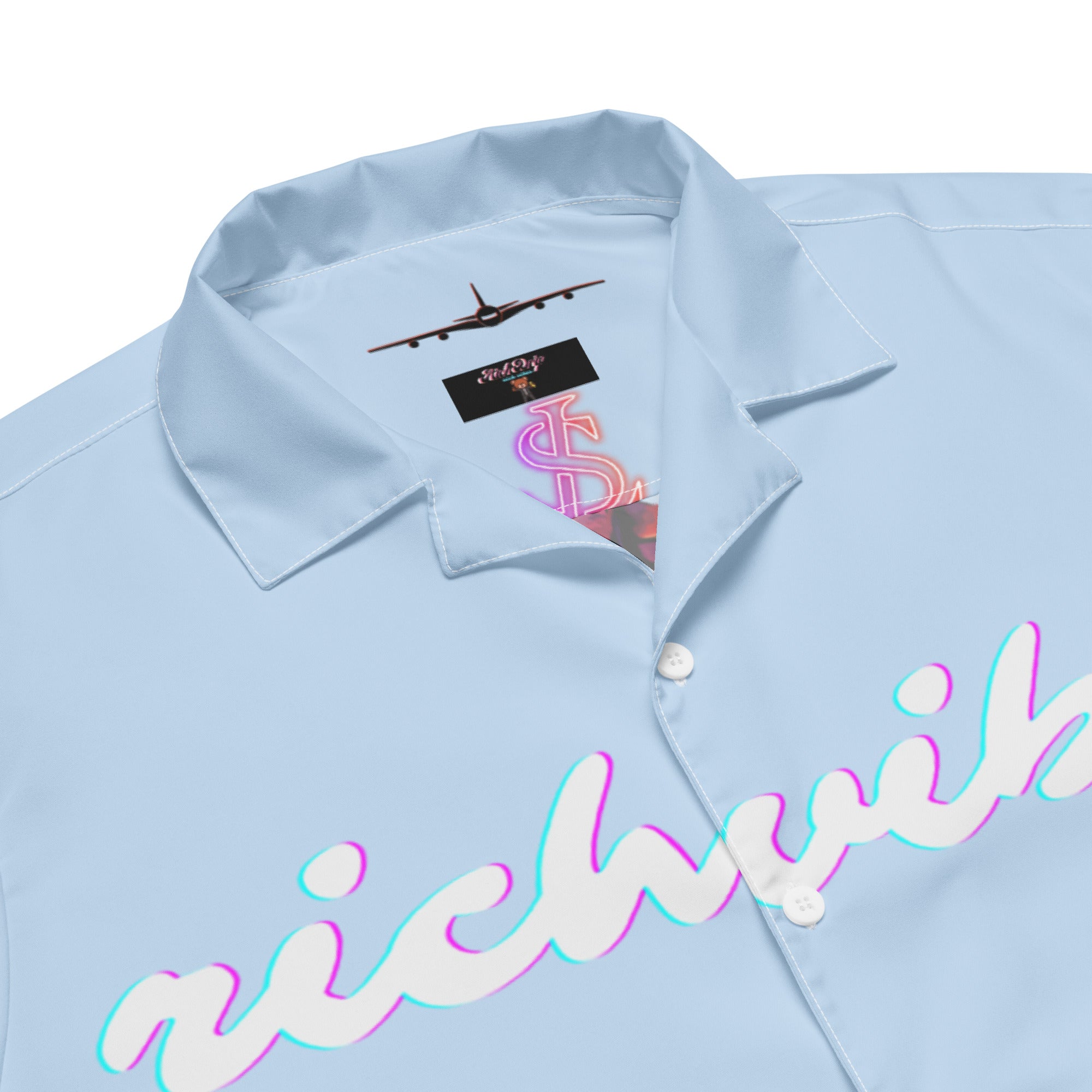 Rich Vibes Tropical Sky Blue&White Palms Jungle Tiger - Unisex button shirt w/ white button