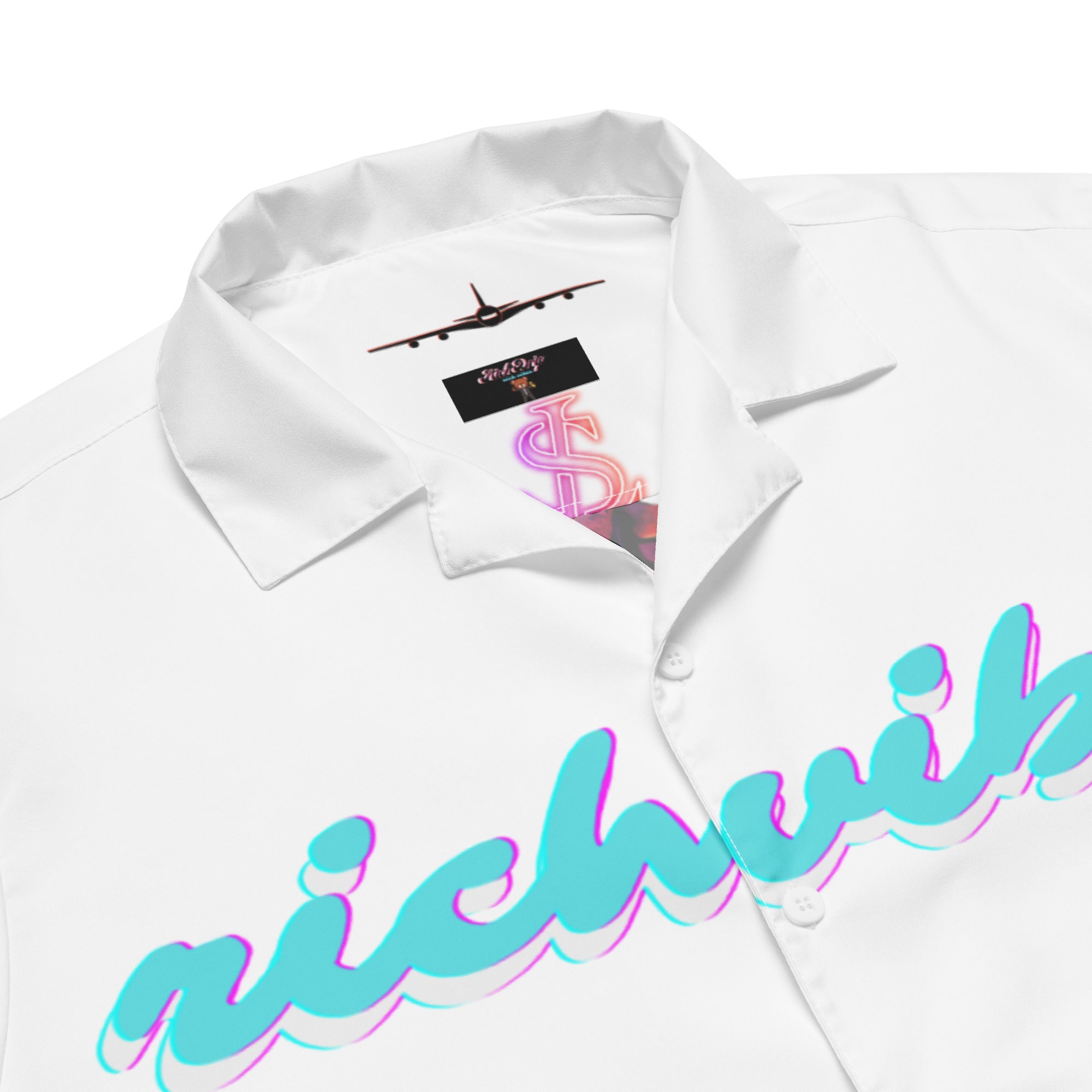 Rich Vibes Tropical White on White Palms Jungle Tiger - Unisex button shirt w/ white button