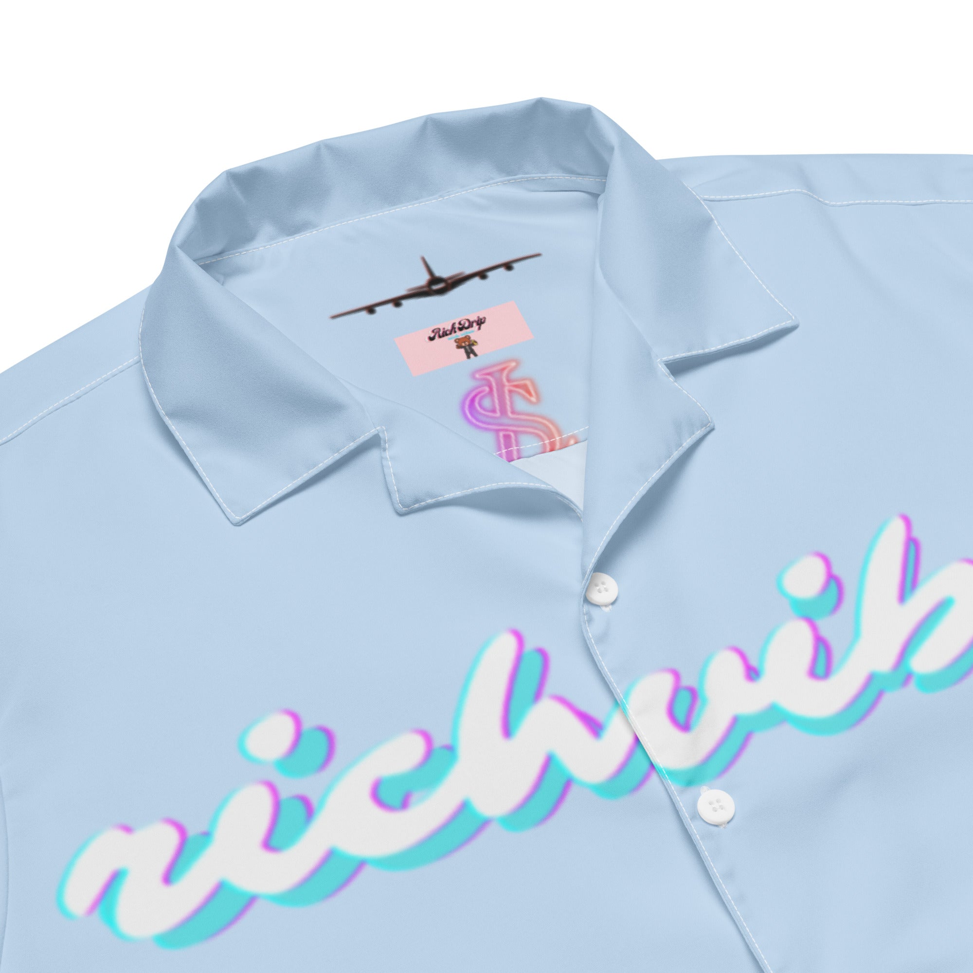 Rich Vibes Tropical Baby Blue Palms Jungle Panda - Unisex button shirt w/ white button