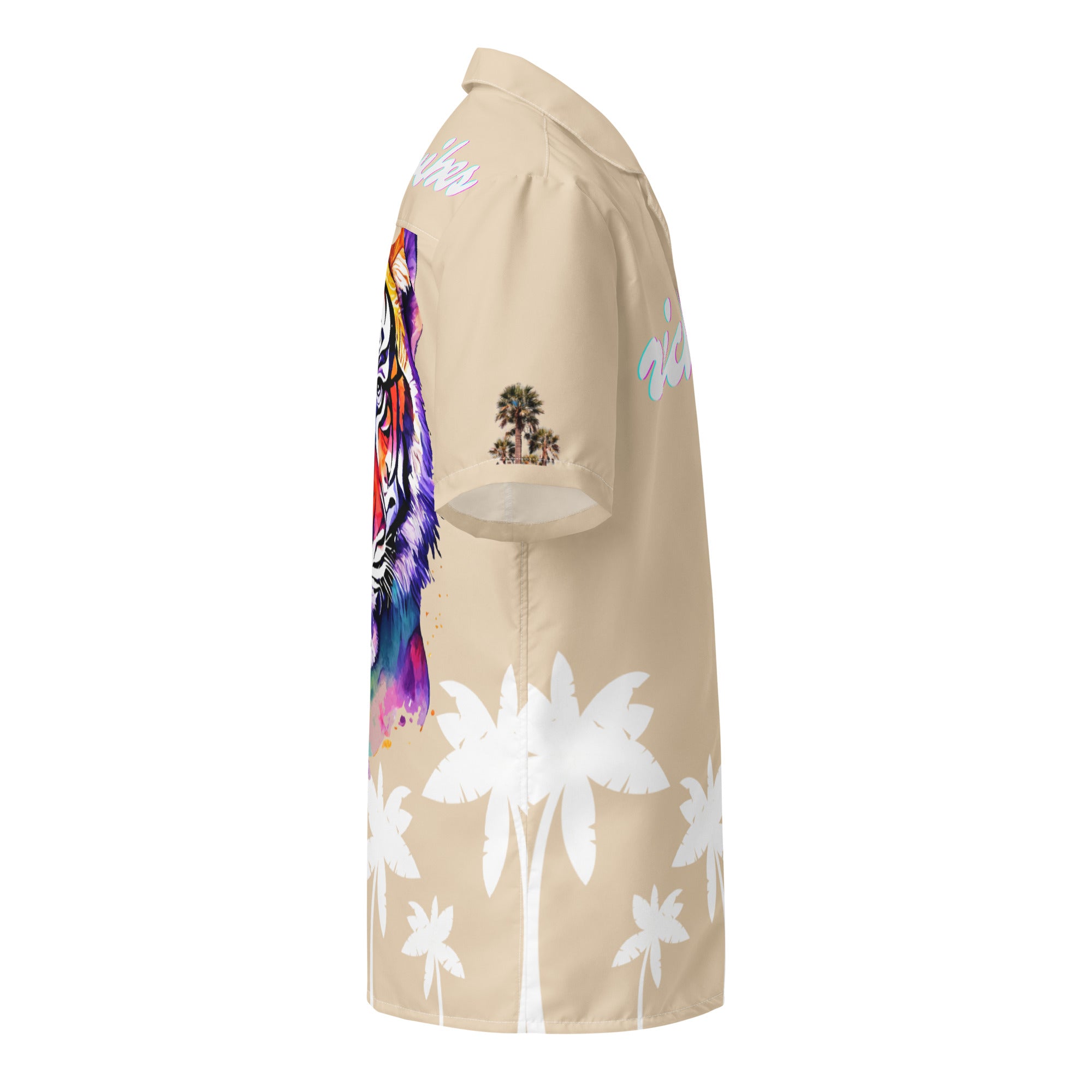 Rich Vibes Tropical Khaki&White Palms Jungle Tiger - Unisex button shirt w/ white button