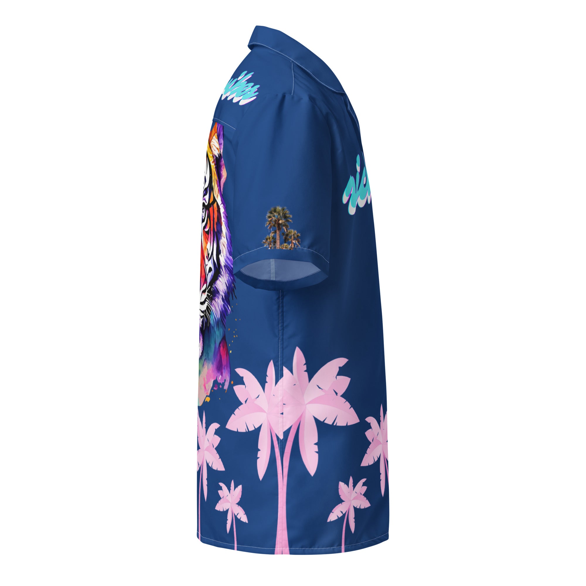 Rich Vibes Tropical Royal Blue Palms Jungle Tiger - Unisex button shirt w/ white button