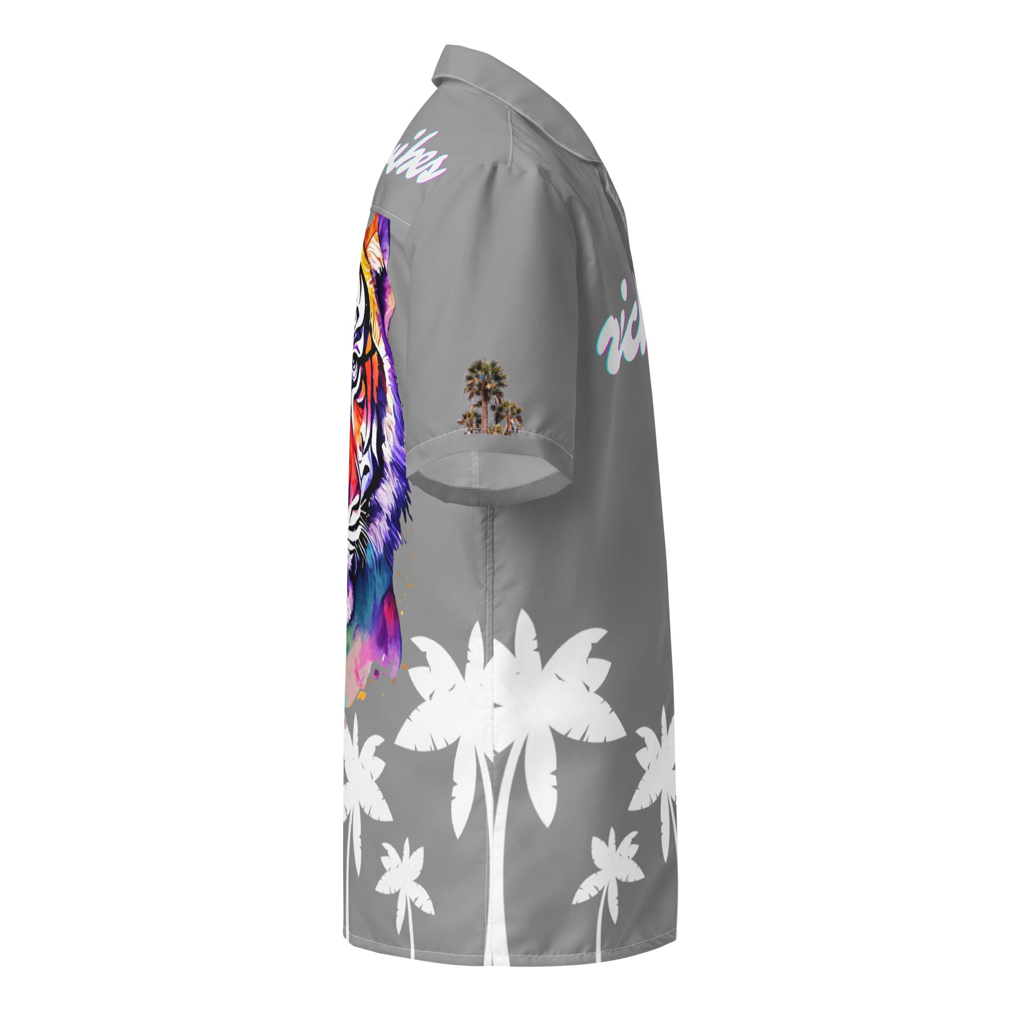 Rich Vibes Tropical Grey&White Palms Jungle Tiger - Unisex button shirt w/ white button