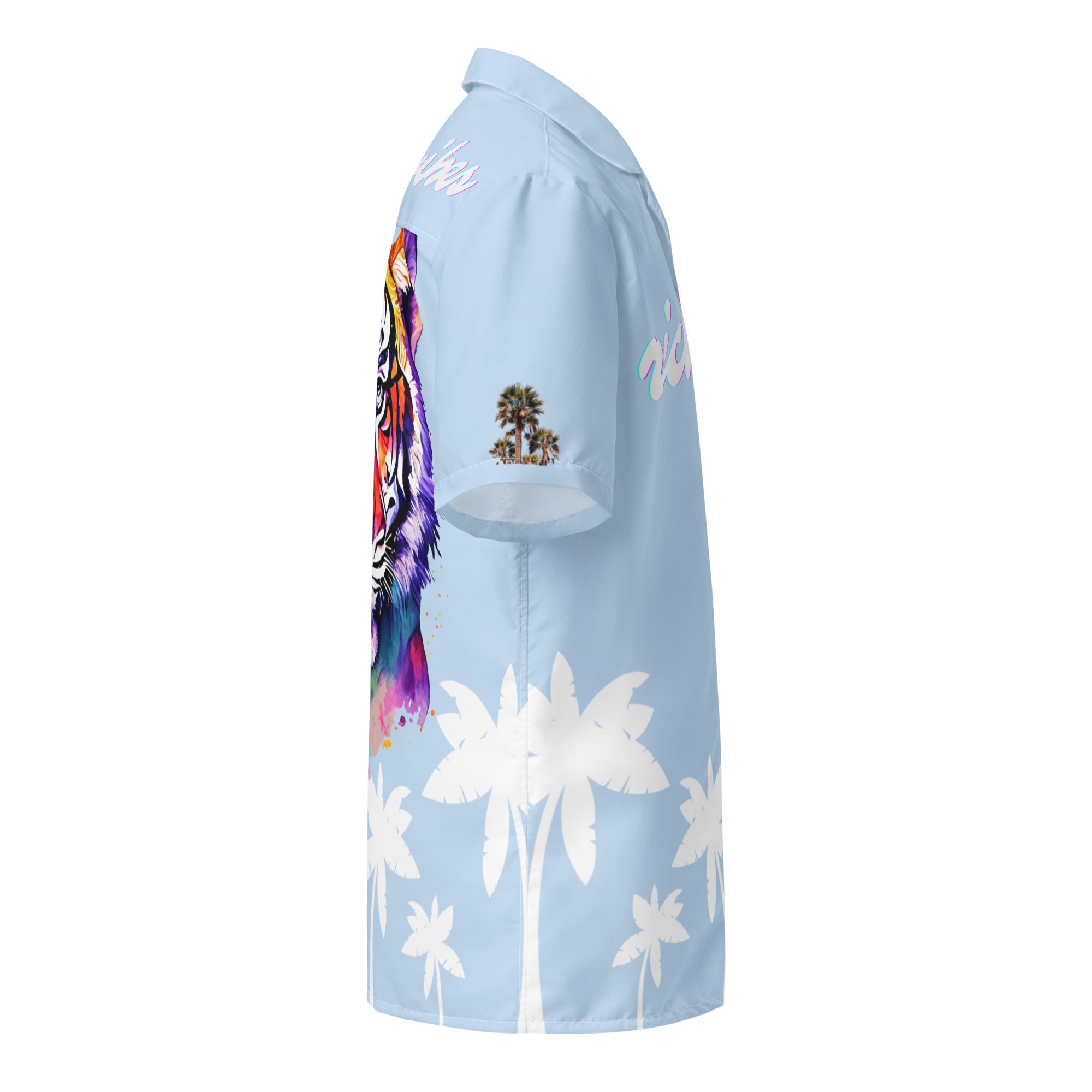 Rich Vibes Tropical Sky Blue&White Palms Jungle Tiger - Unisex button shirt w/ white button