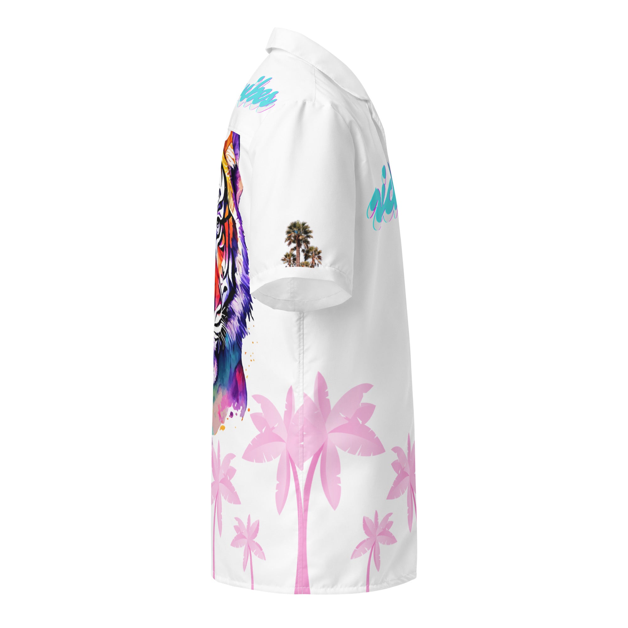 Rich Vibes Tropical White on White Palms Jungle Tiger - Unisex button shirt w/ white button