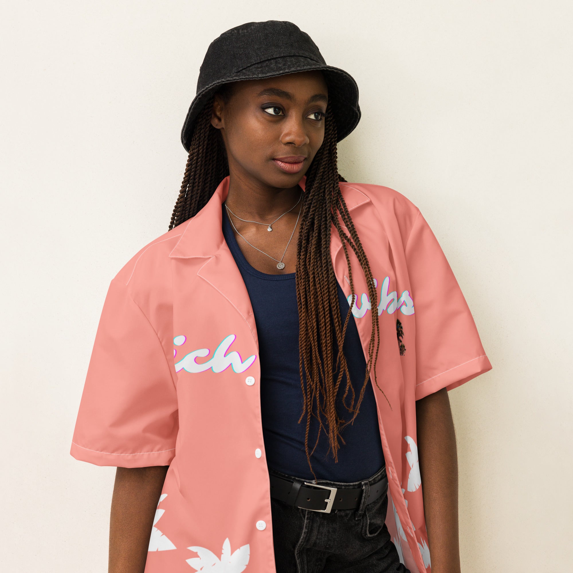 Rich Vibes Tropical Peach White Palms Jungle Tiger - Unisex button shirt