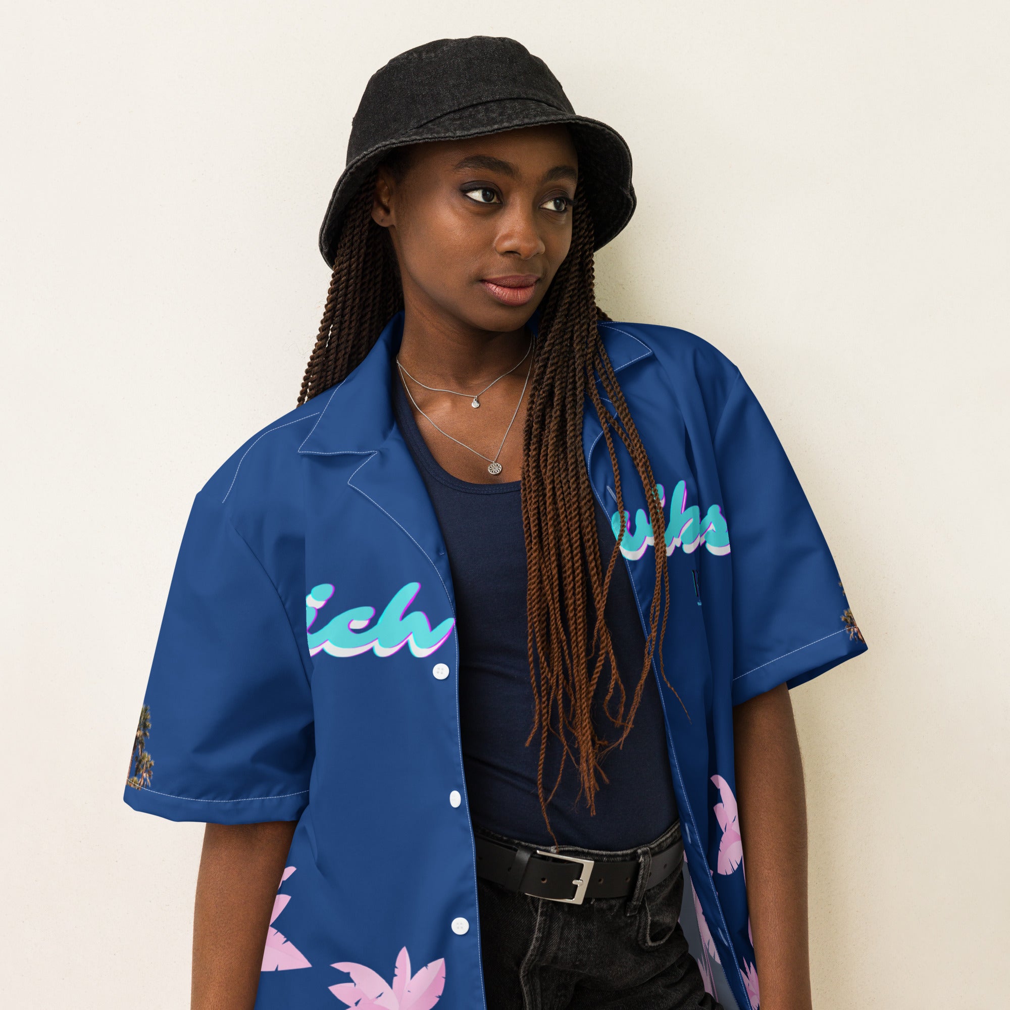 Rich Vibes Tropical Royal Blue Palms Jungle Tiger - Unisex button shirt w/ white button