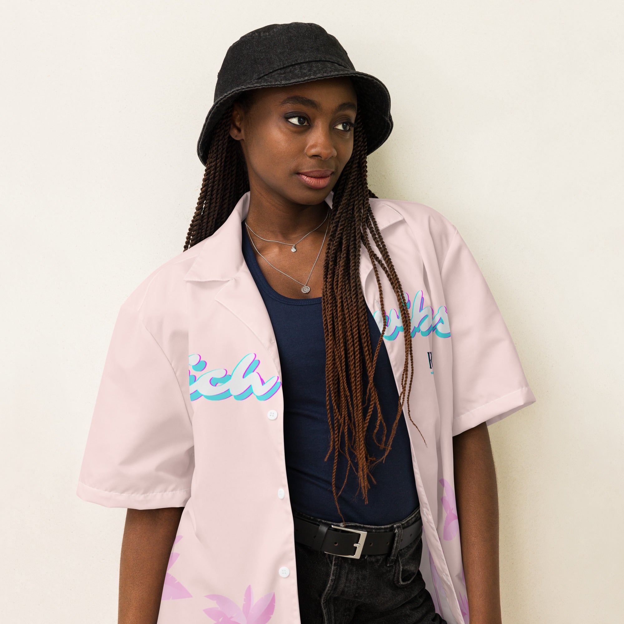 Rich Vibes Tropical Pink Palms Jungle Panda - Unisex button shirt w/ white button