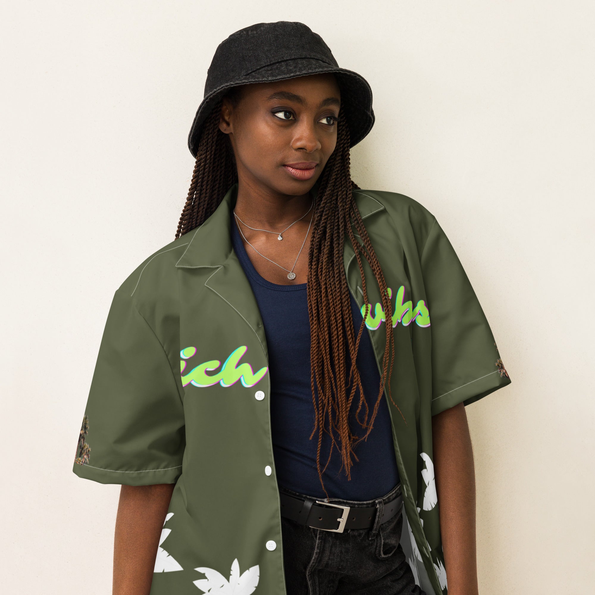 Rich Vibes Tropical Saratoga Green&White Palms Jungle Tiger - Unisex button shirt w/ white button