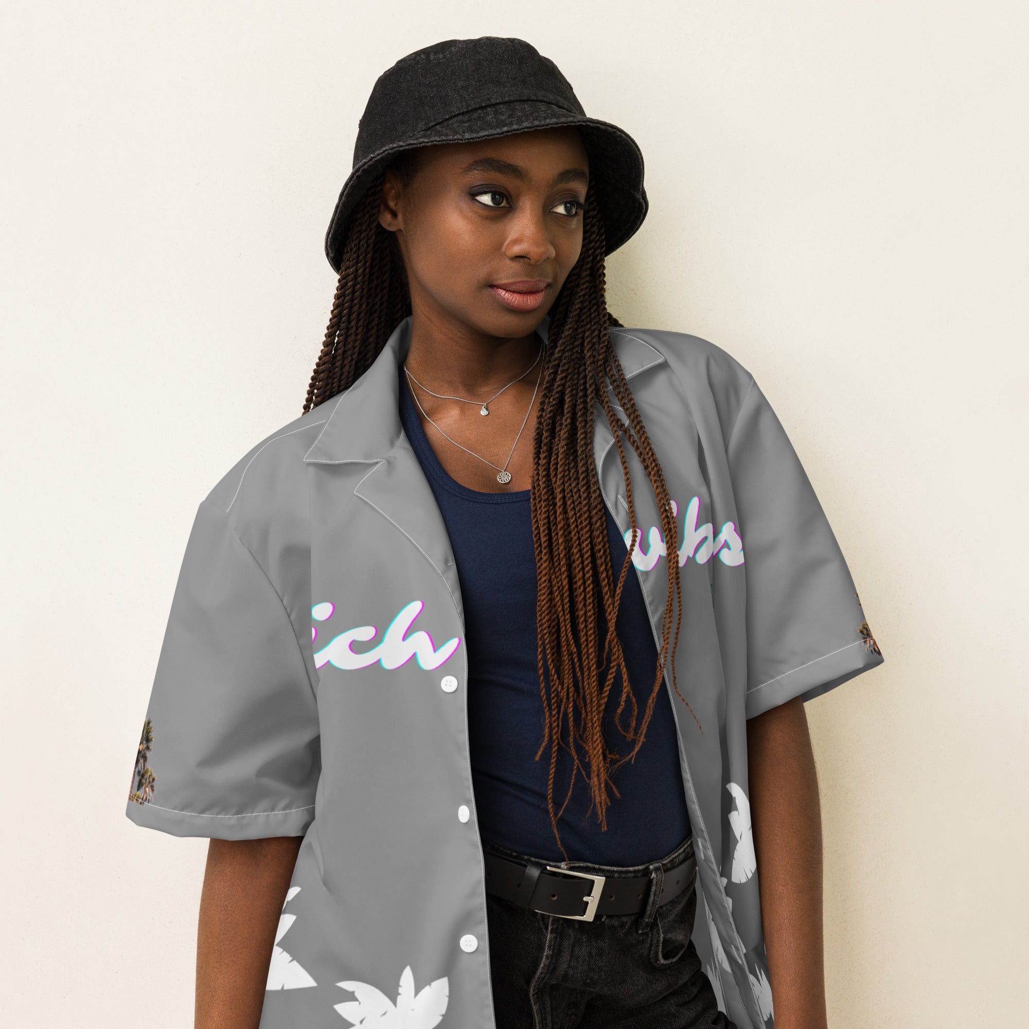 Rich Vibes Tropical Grey&White Palms Jungle Tiger - Unisex button shirt w/ white button