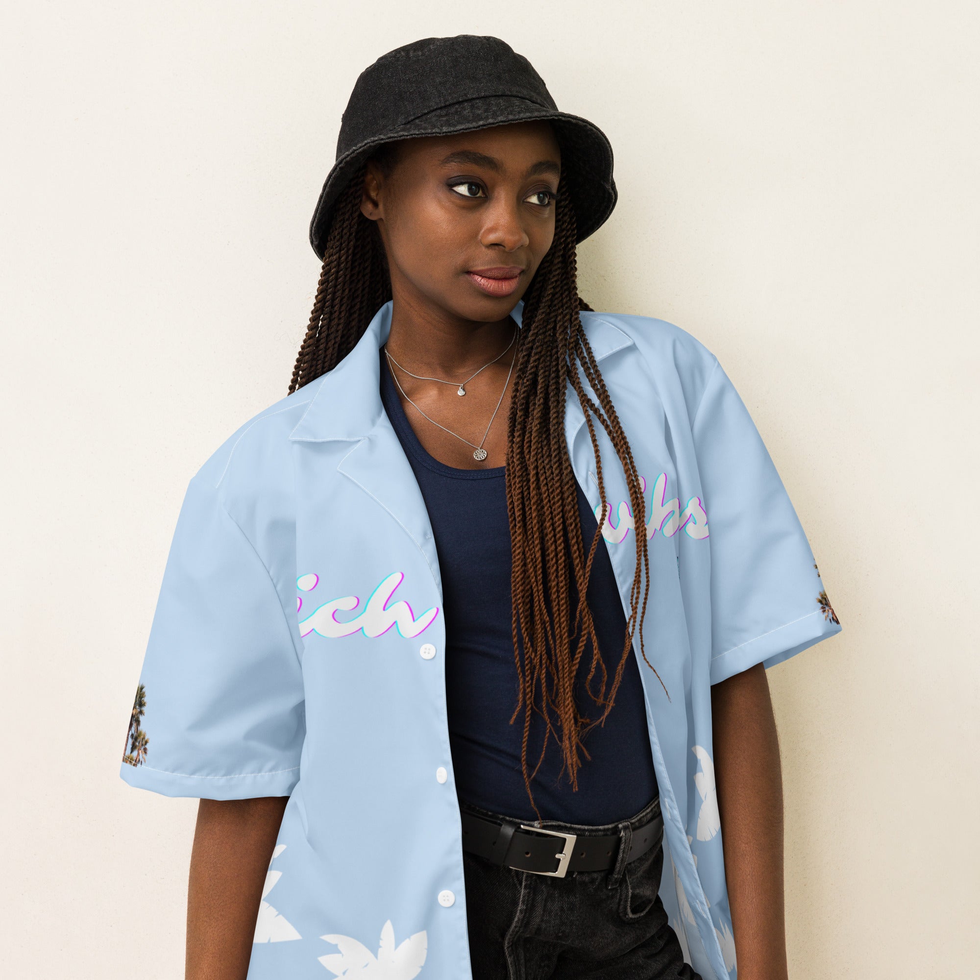 Rich Vibes Tropical Sky Blue&White Palms Jungle Tiger - Unisex button shirt w/ white button