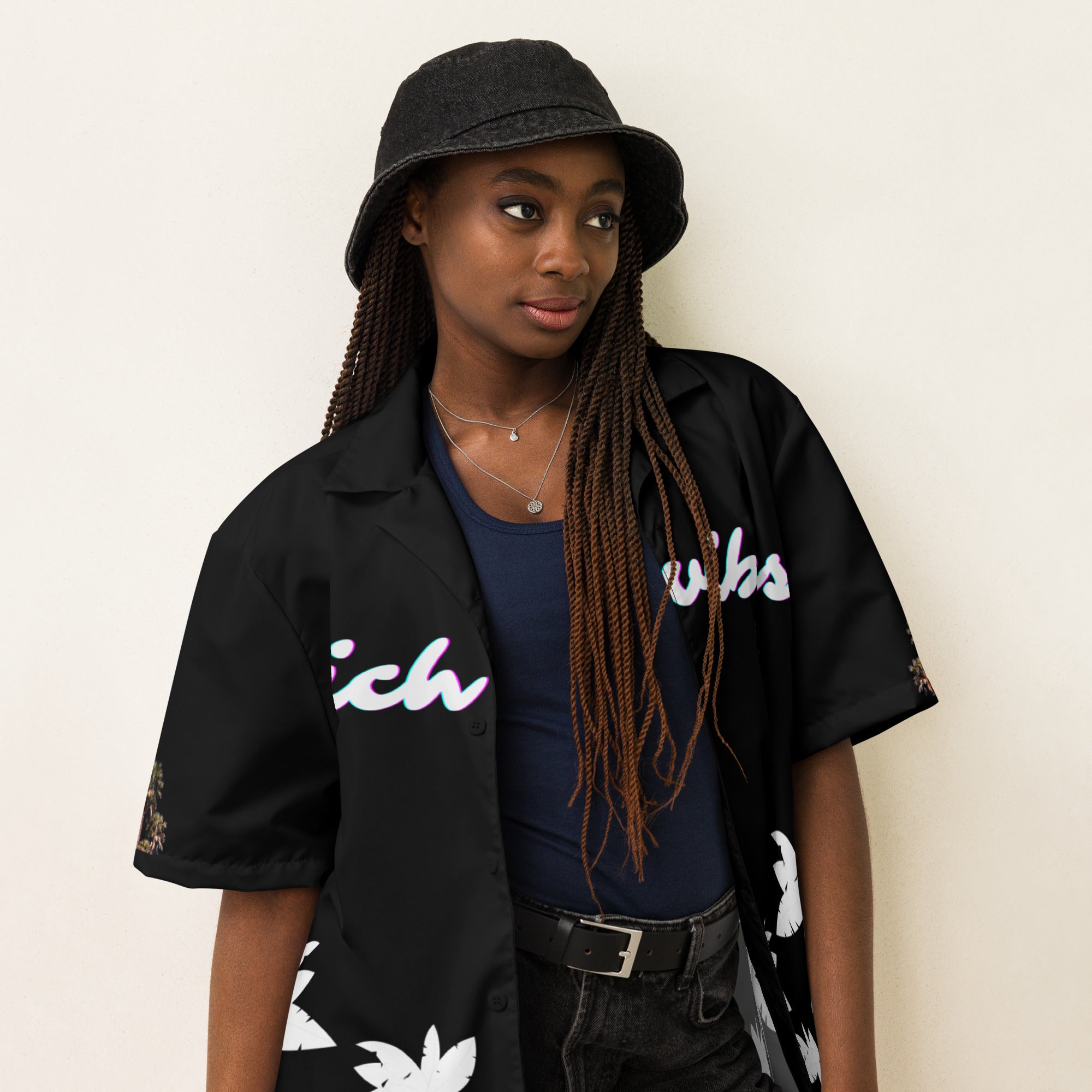 Rich Vibes RR Tropical Black&White Palms Jungle Tiger - Unisex button shirt w/ black button