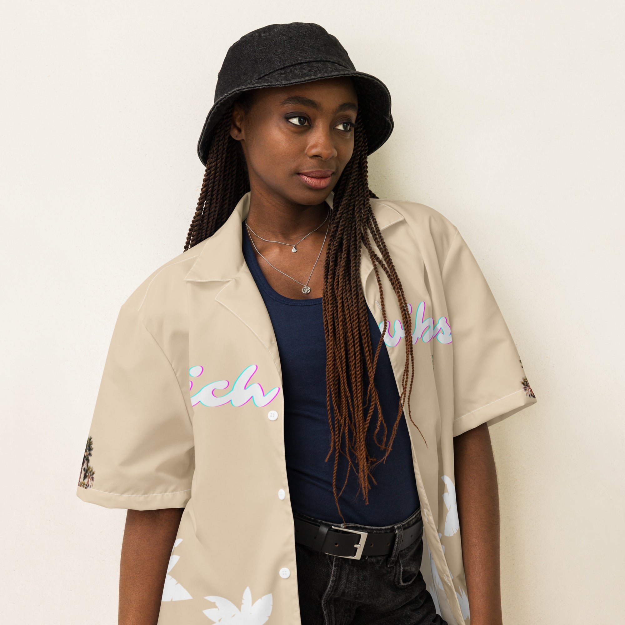 Rich Vibes Tropical Khaki&White Palms Jungle Tiger - Unisex button shirt w/ white button