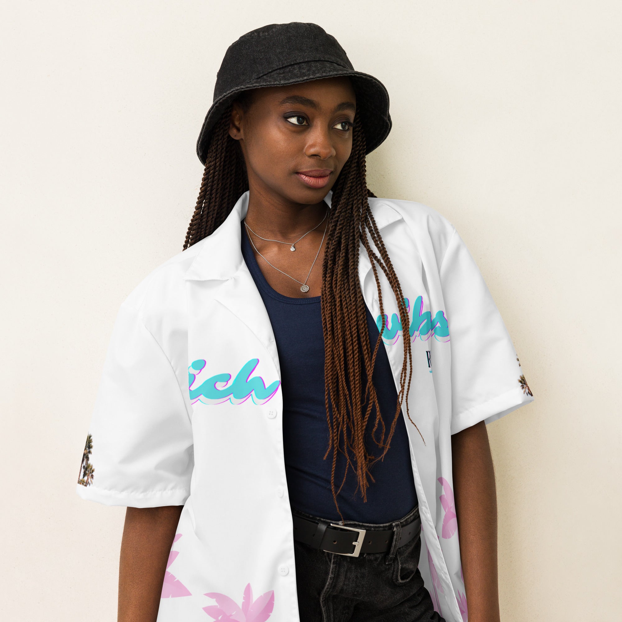 Rich Vibes Tropical White on White Palms Jungle Tiger - Unisex button shirt w/ white button