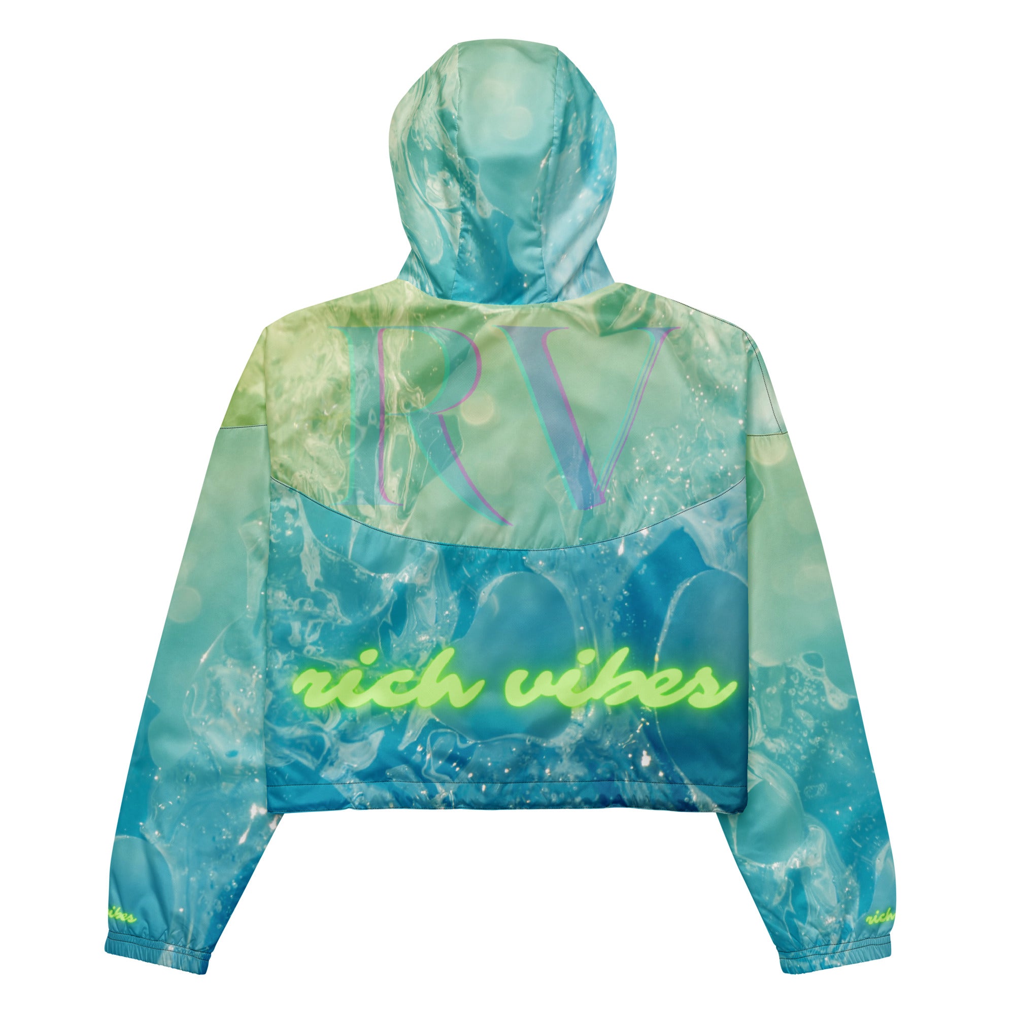 Rich Vibes Volt Green RV Aqua Green Water Print - Women’s cropped windbreaker