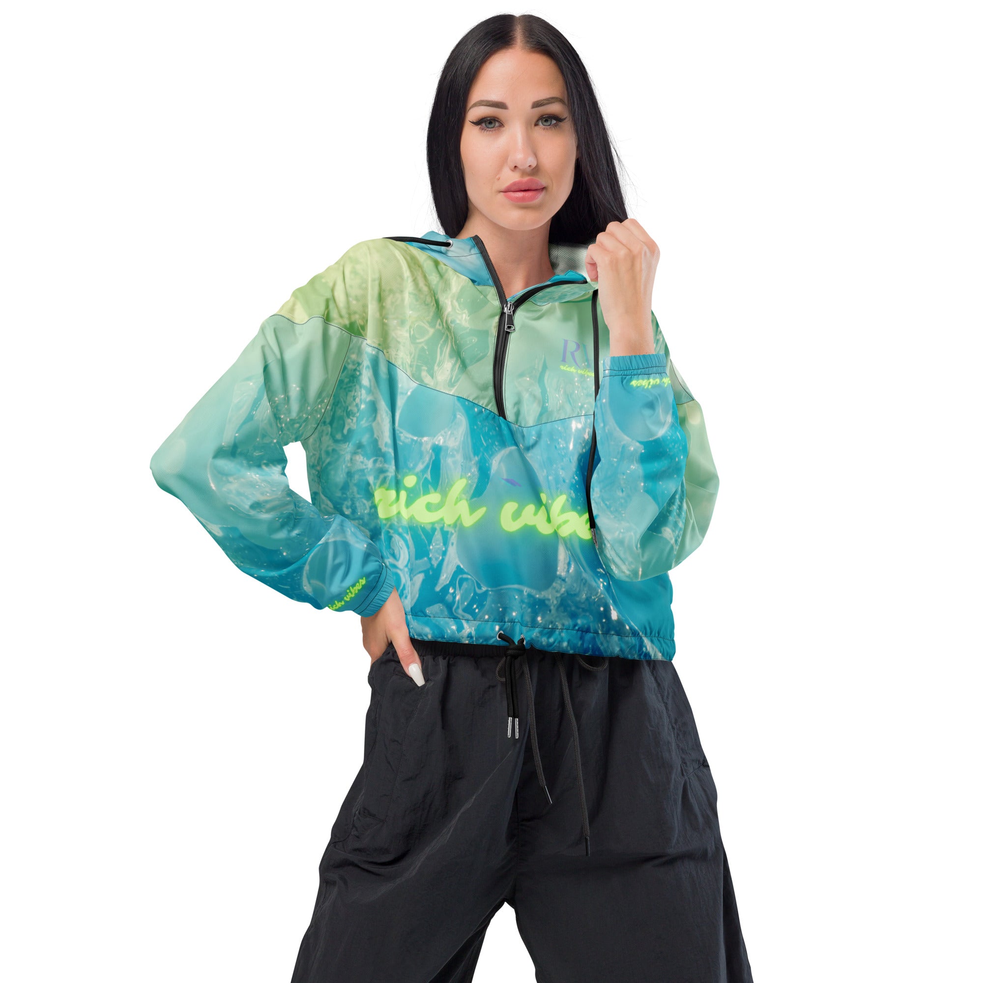 Rich Vibes Volt Green RV Aqua Green Water Print - Women’s cropped windbreaker
