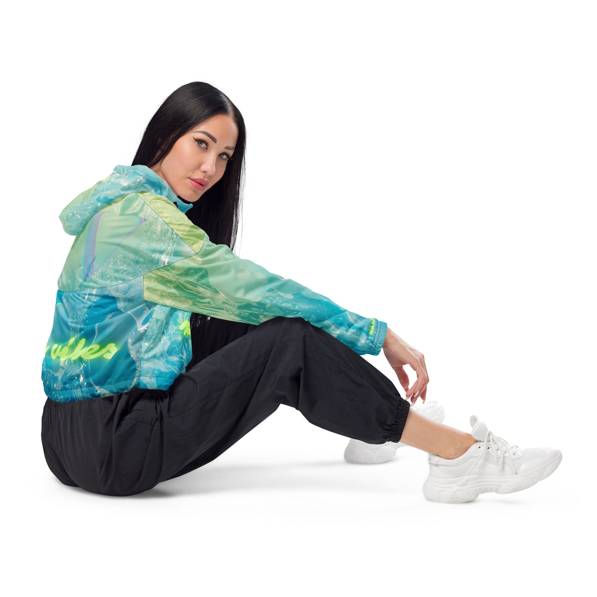 Rich Vibes Volt Green RV Aqua Green Water Print - Women’s cropped windbreaker
