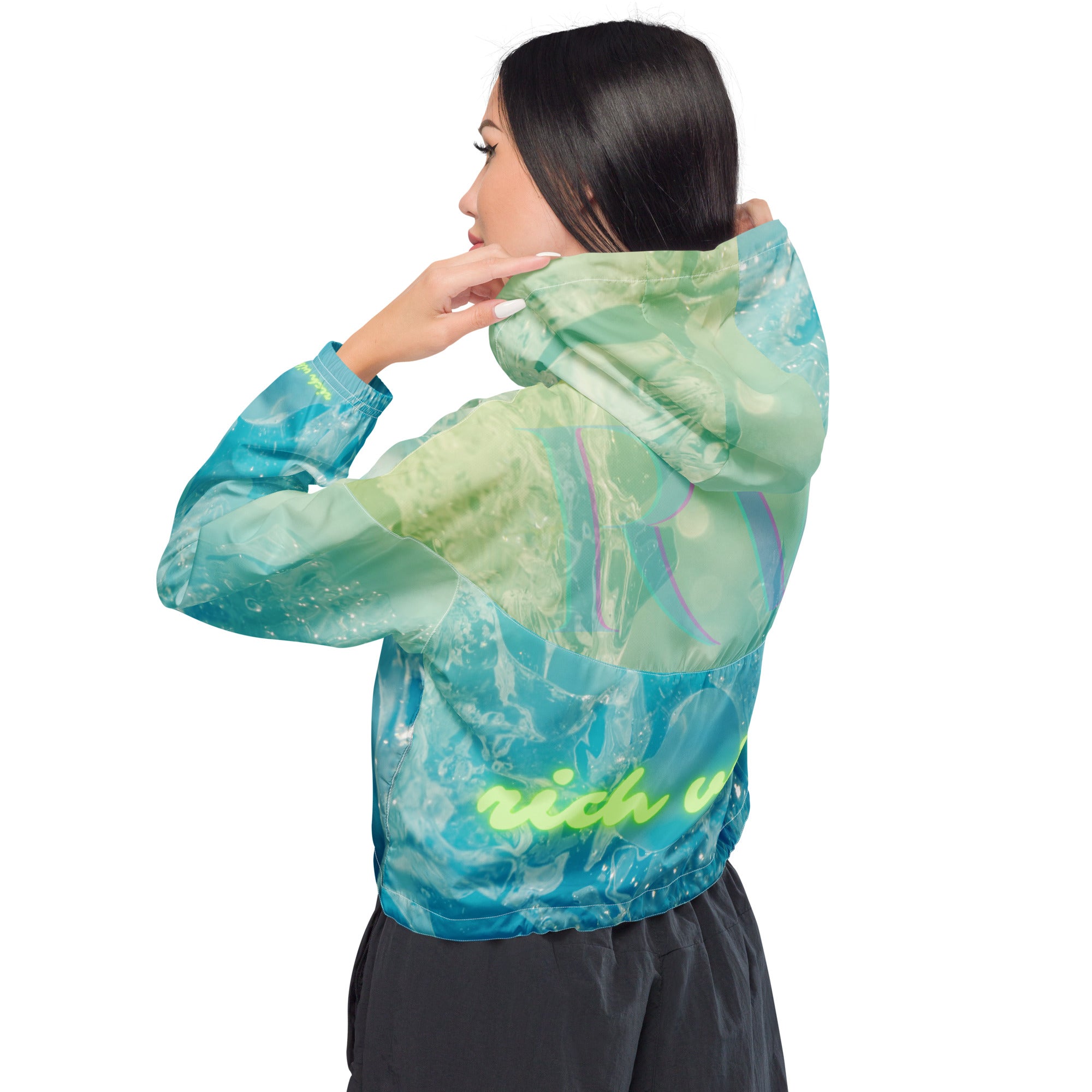 Rich Vibes Volt Green RV Aqua Green Water Print - Women’s cropped windbreaker