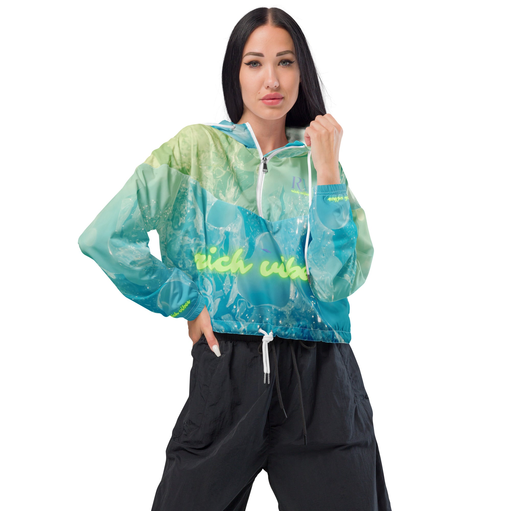 Rich Vibes Volt Green RV Aqua Green Water Print - Women’s cropped windbreaker