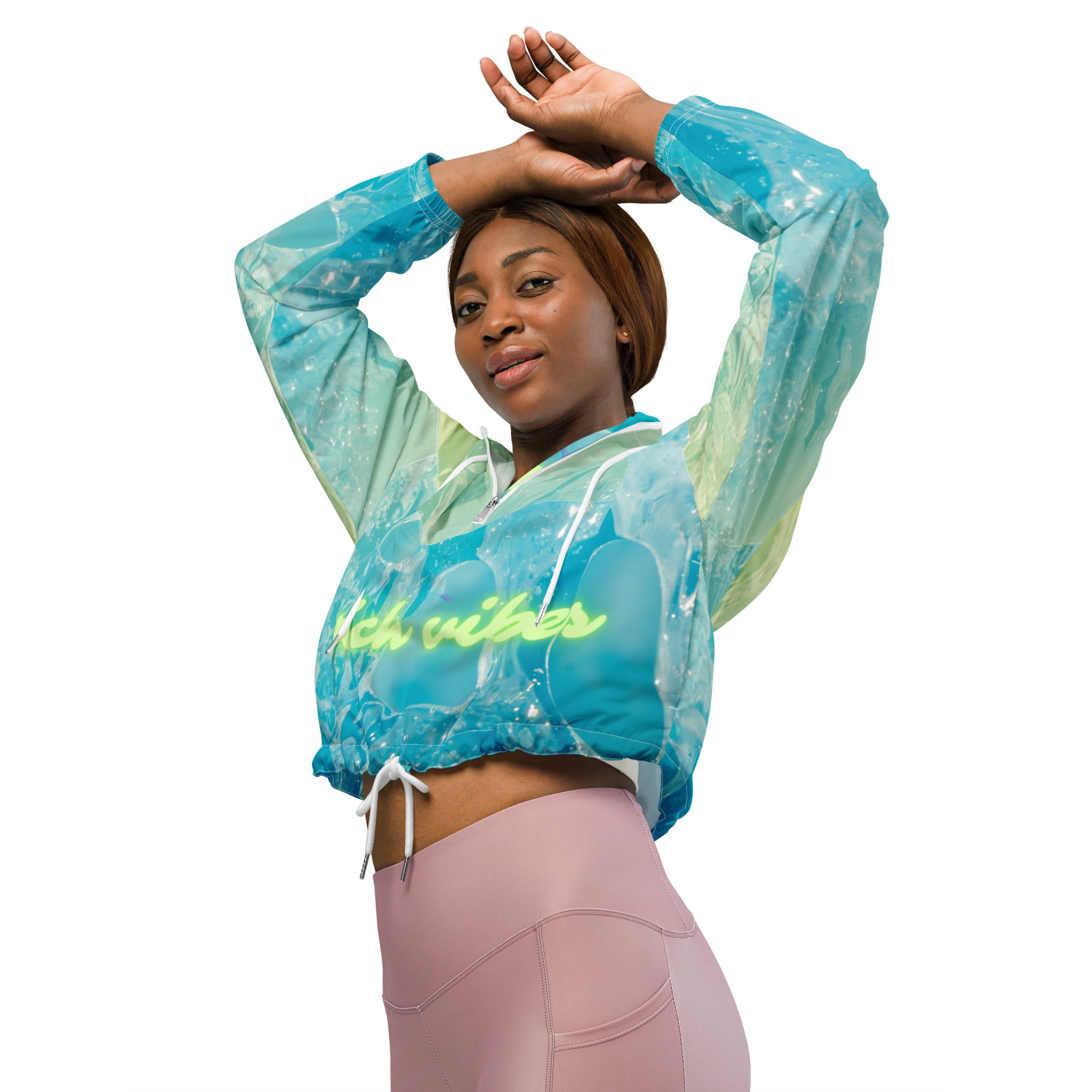 Rich Vibes Volt Green RV Aqua Green Water Print - Women’s cropped windbreaker