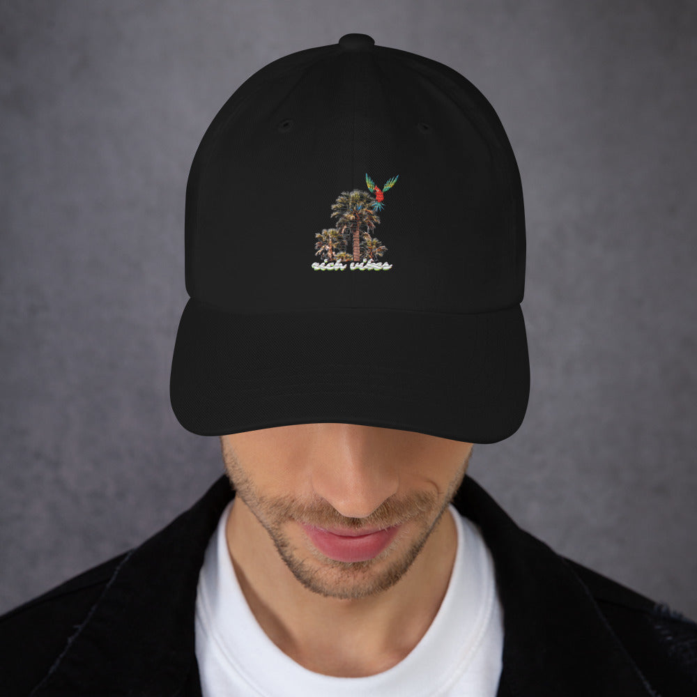 Rich Vibes White logo Tropical Colorful Palm Tree - Dad hat Black