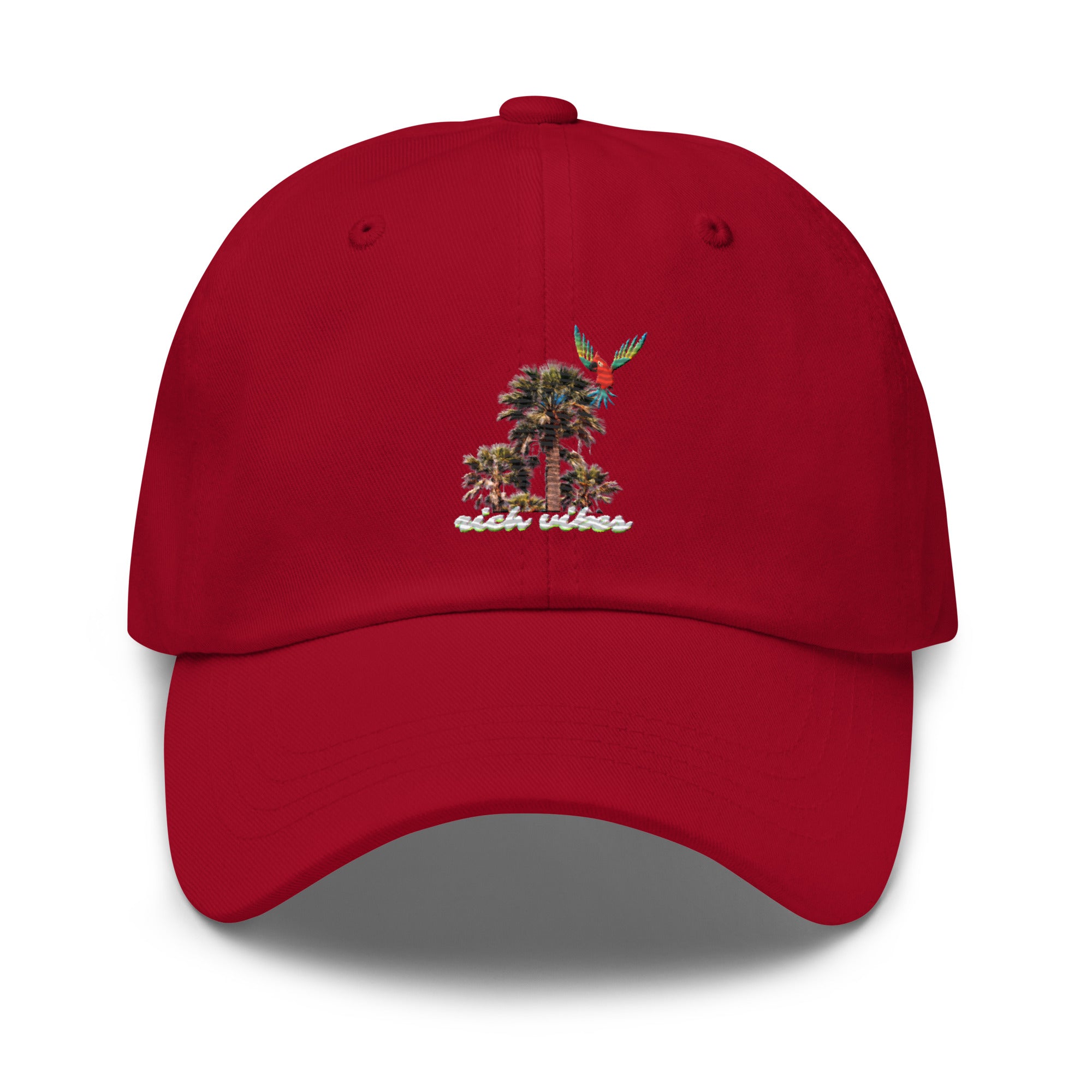 Rich Vibes White logo Tropical Colorful Palm Tree - Dad hat Royal Red