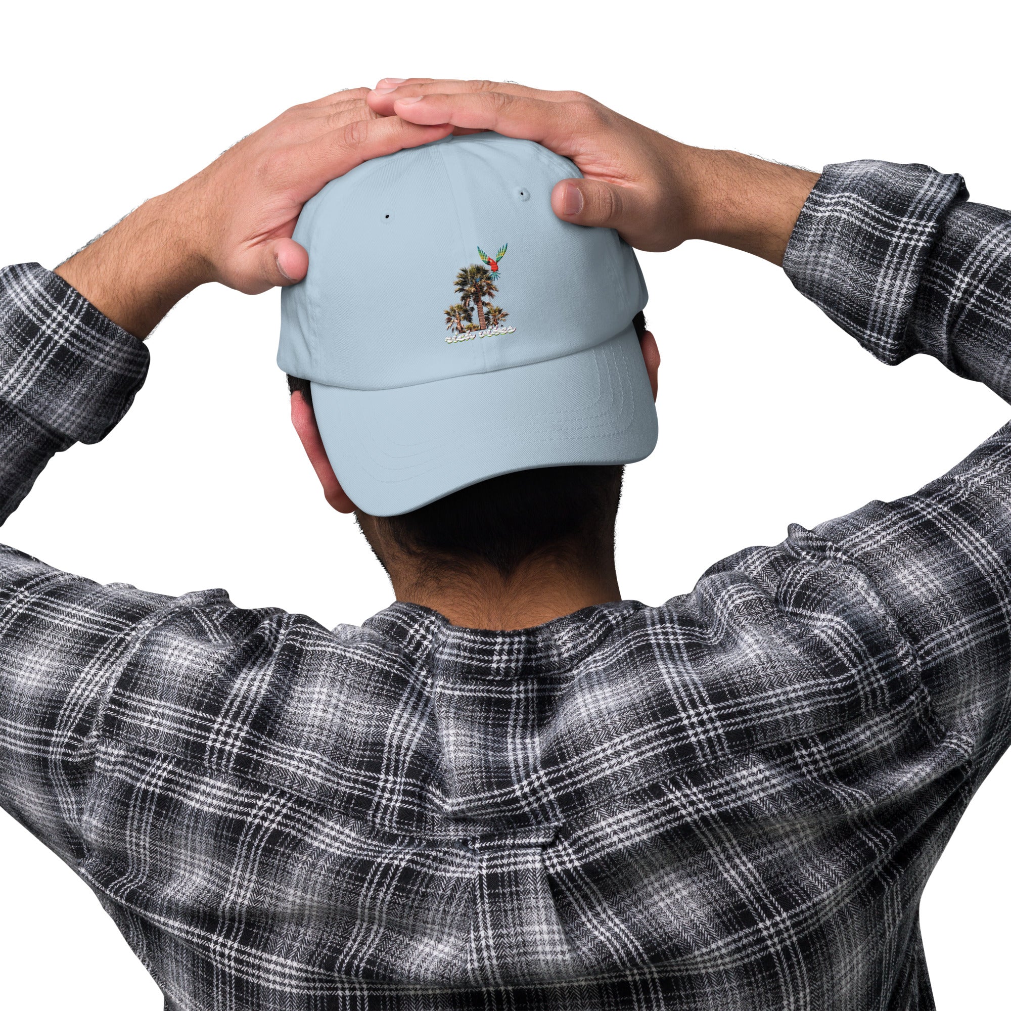 Rich Vibes White logo Tropical Colorful Palm Tree - Dad hat Baby Blue