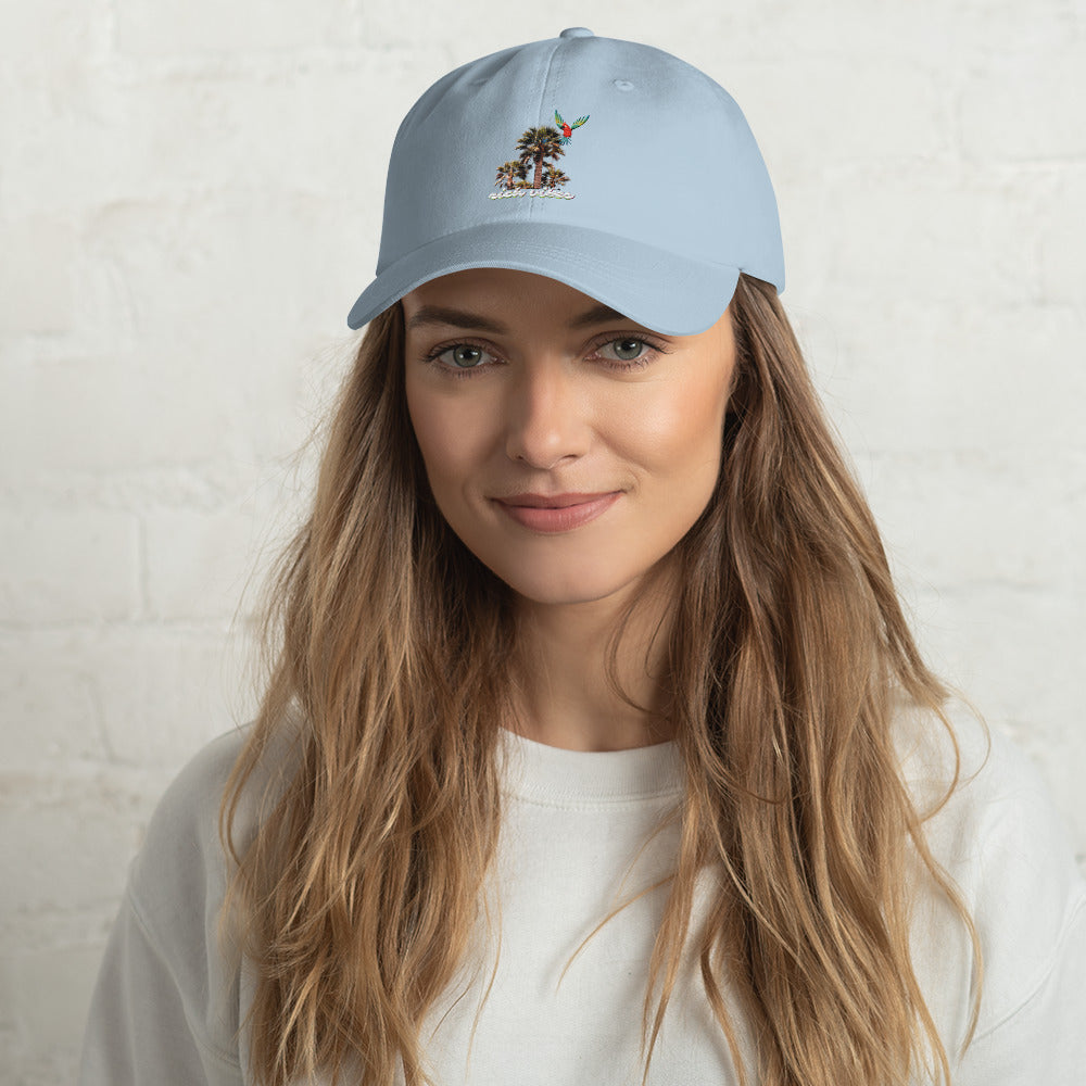 Rich Vibes White logo Tropical Colorful Palm Tree - Dad hat Baby Blue