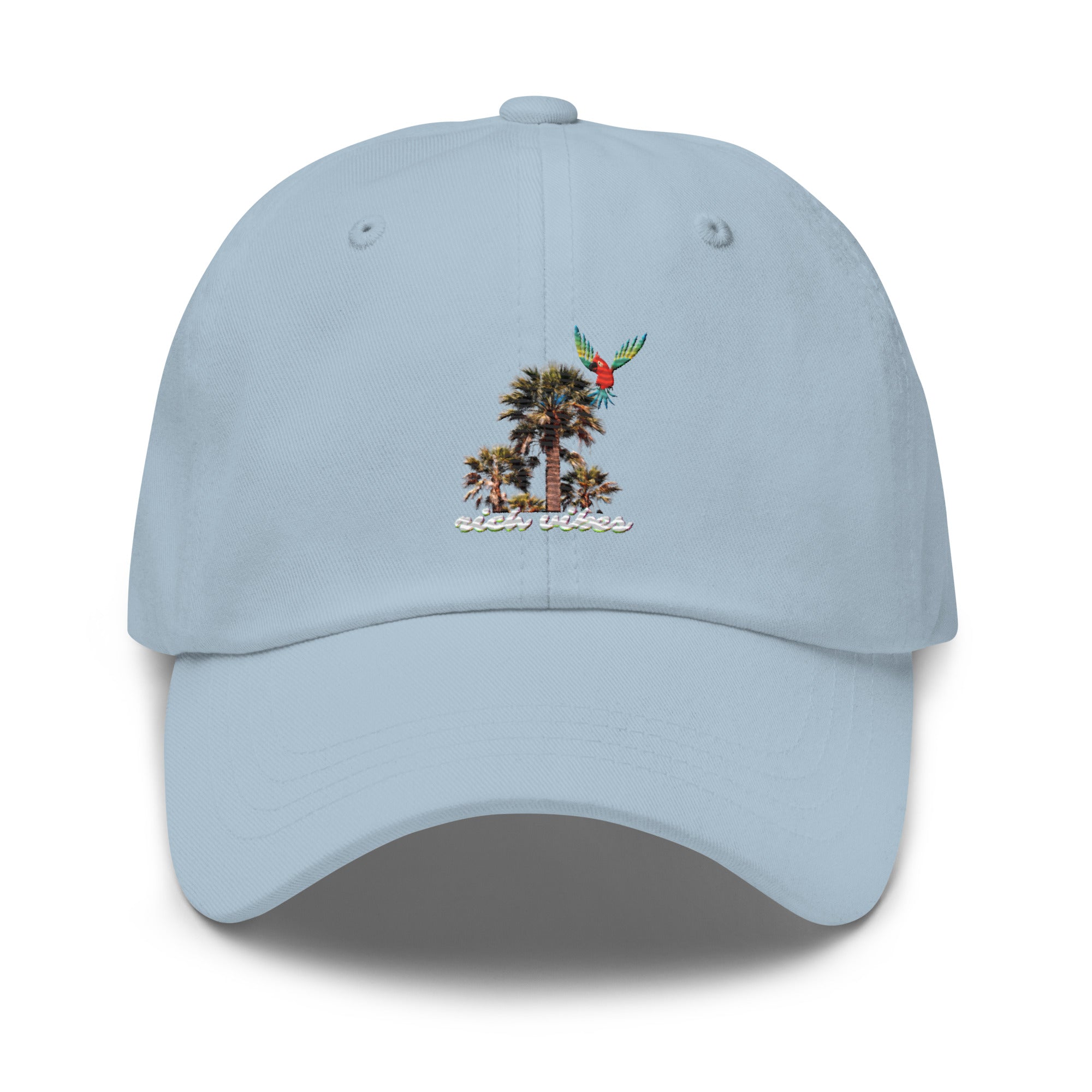 Rich Vibes White logo Tropical Colorful Palm Tree - Dad hat Baby Blue