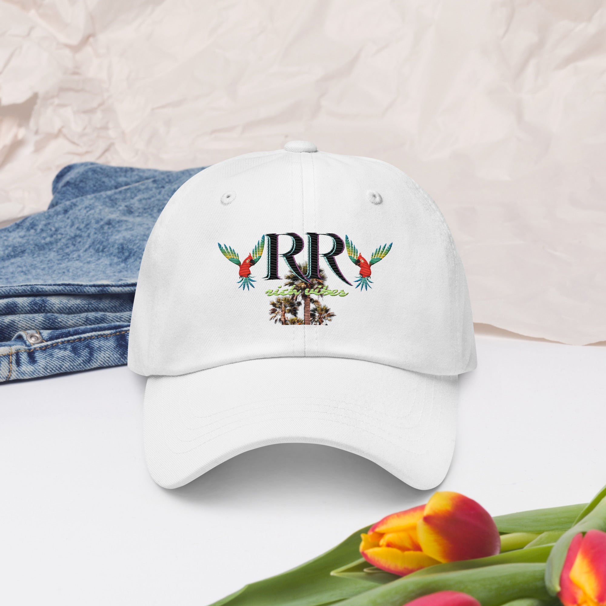 Rich Vibes RR Colorful Palm Tree Silhouette - Dad hat White
