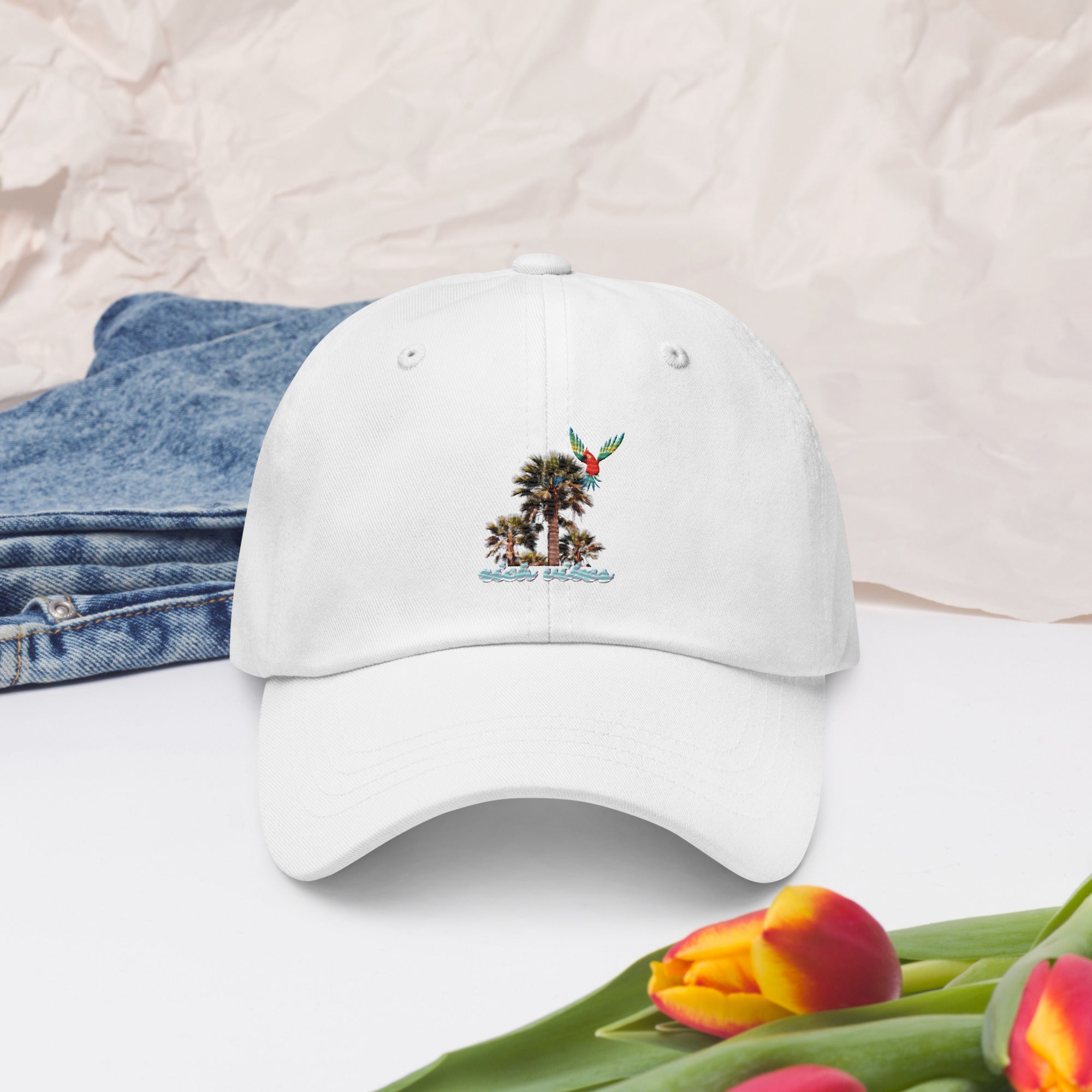 Rich Vibes Blue logo Tropical Colorful Palm Tree - Dad hat White