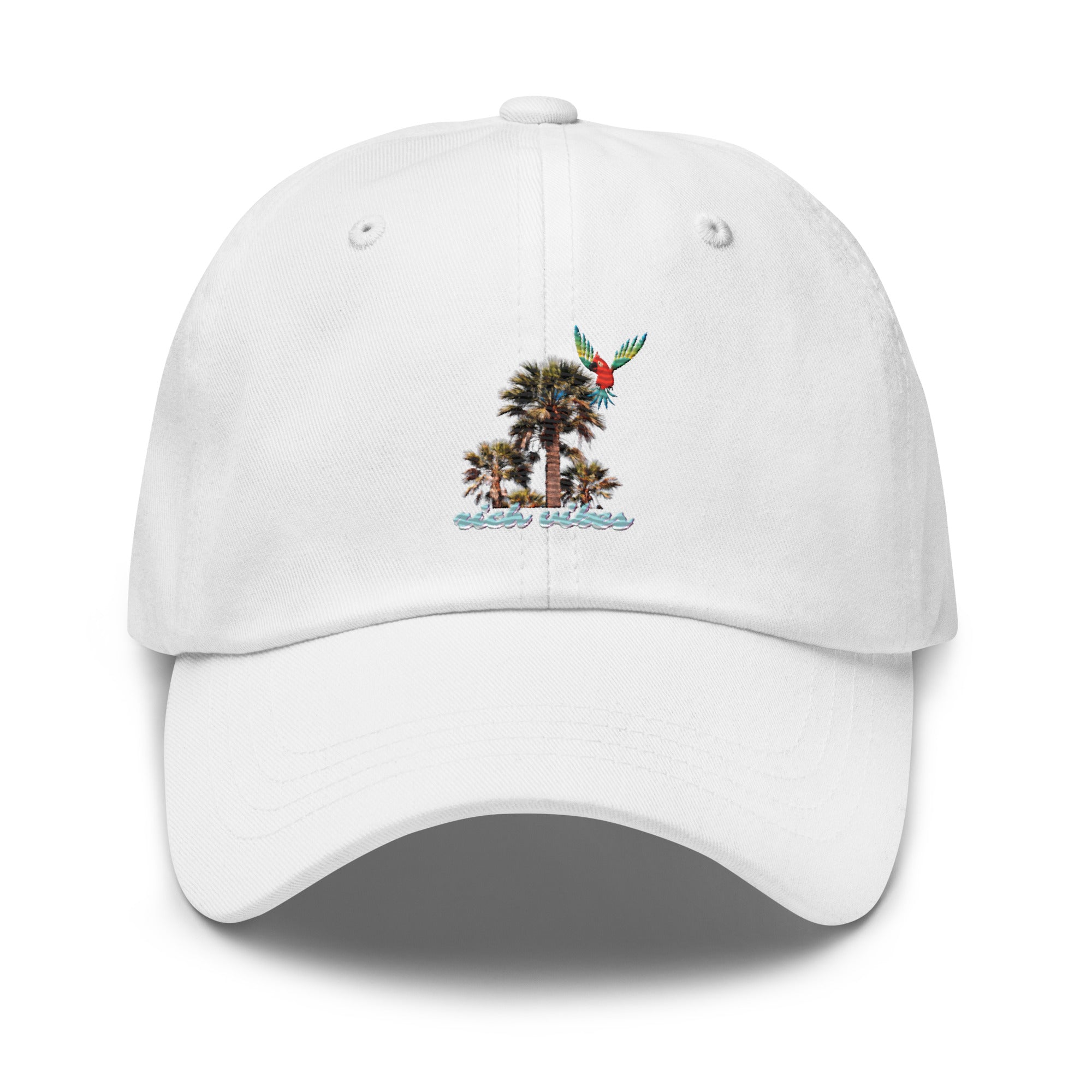 Rich Vibes Blue logo Tropical Colorful Palm Tree - Dad hat White