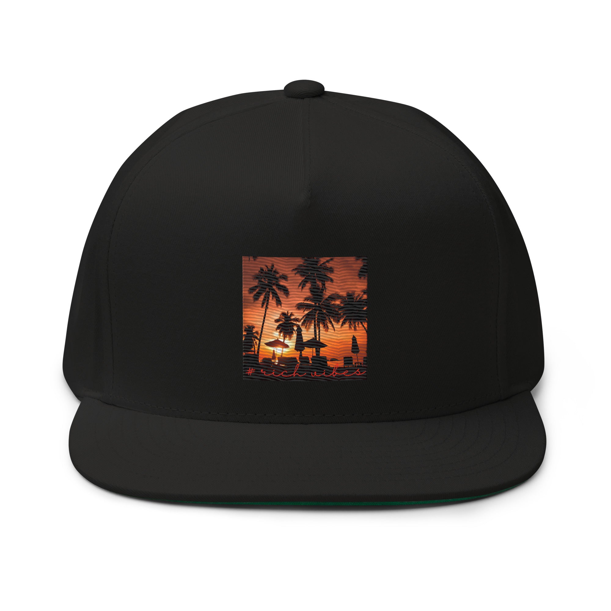 Rich Vibes Red Sunset Palm Tree Silhouette - Flat Bill Cap Black