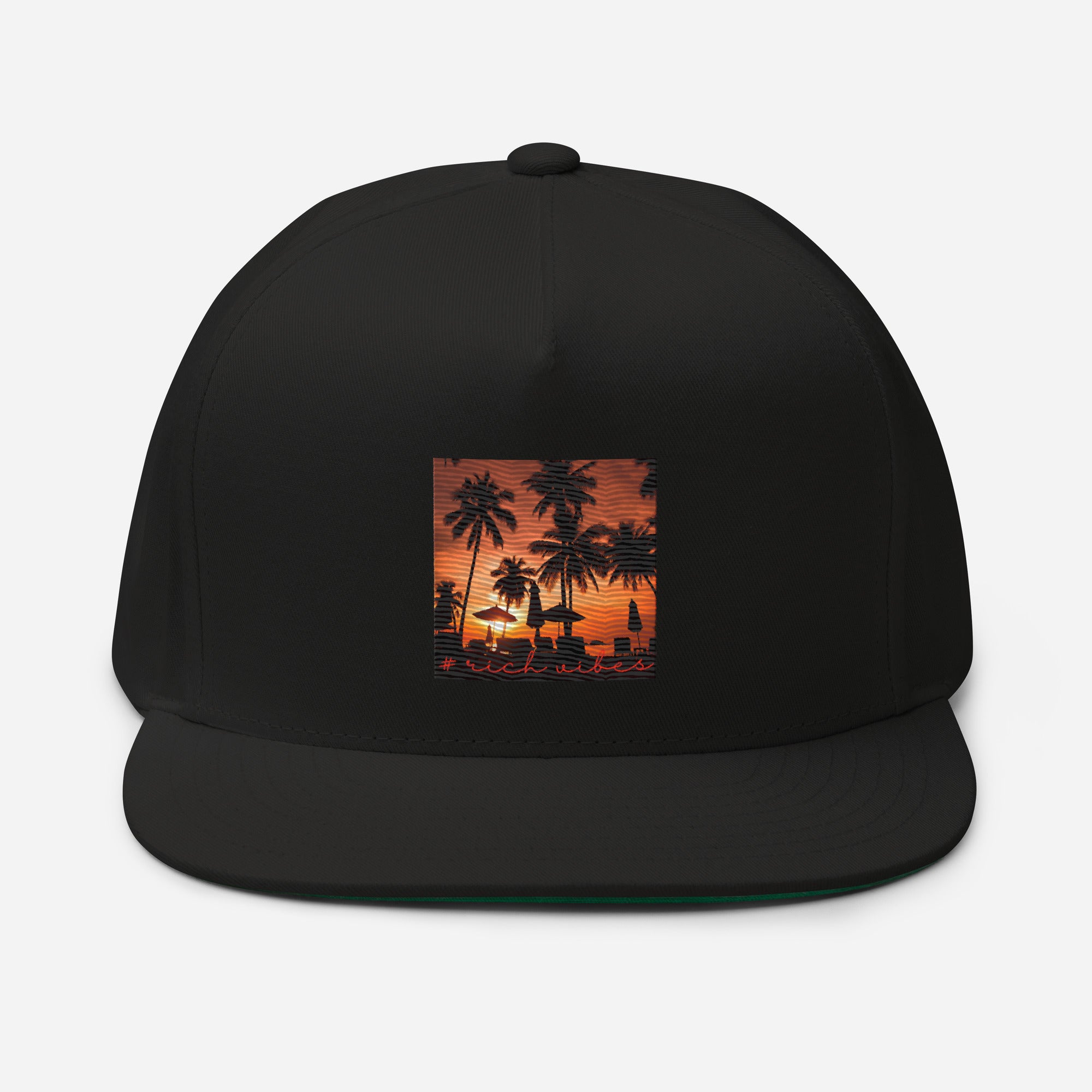 Rich Vibes Red Sunset Palm Tree Silhouette - Flat Bill Cap Black