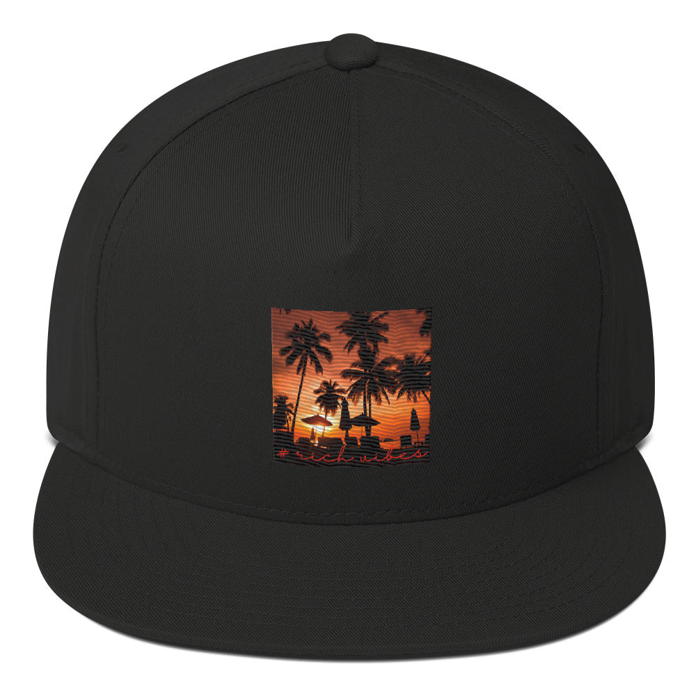Rich Vibes Red Sunset Palm Tree Silhouette - Flat Bill Cap Black
