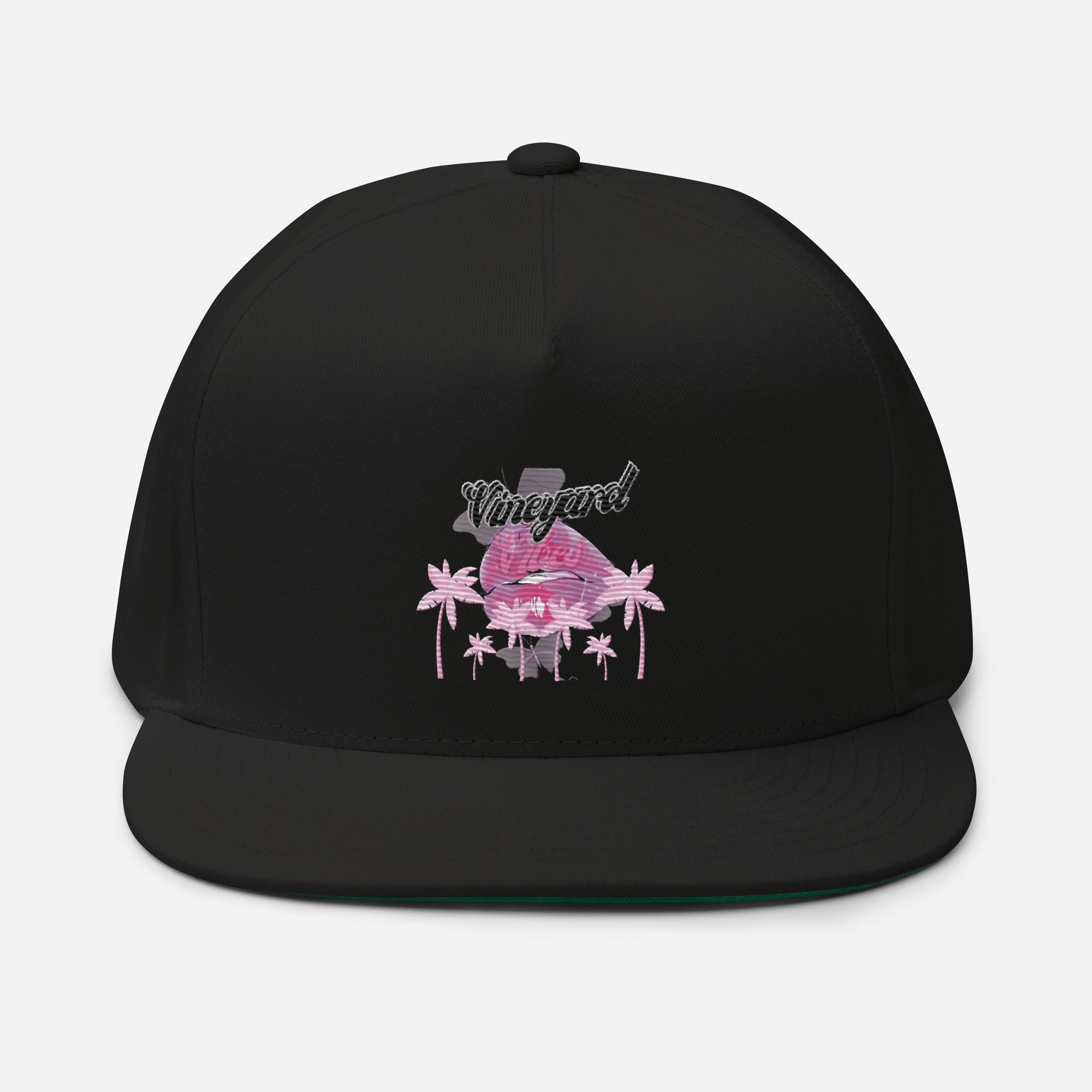 Vineyard Vibes Tropical Pink Print Diva Kiss - Flat Bill Cap Black
